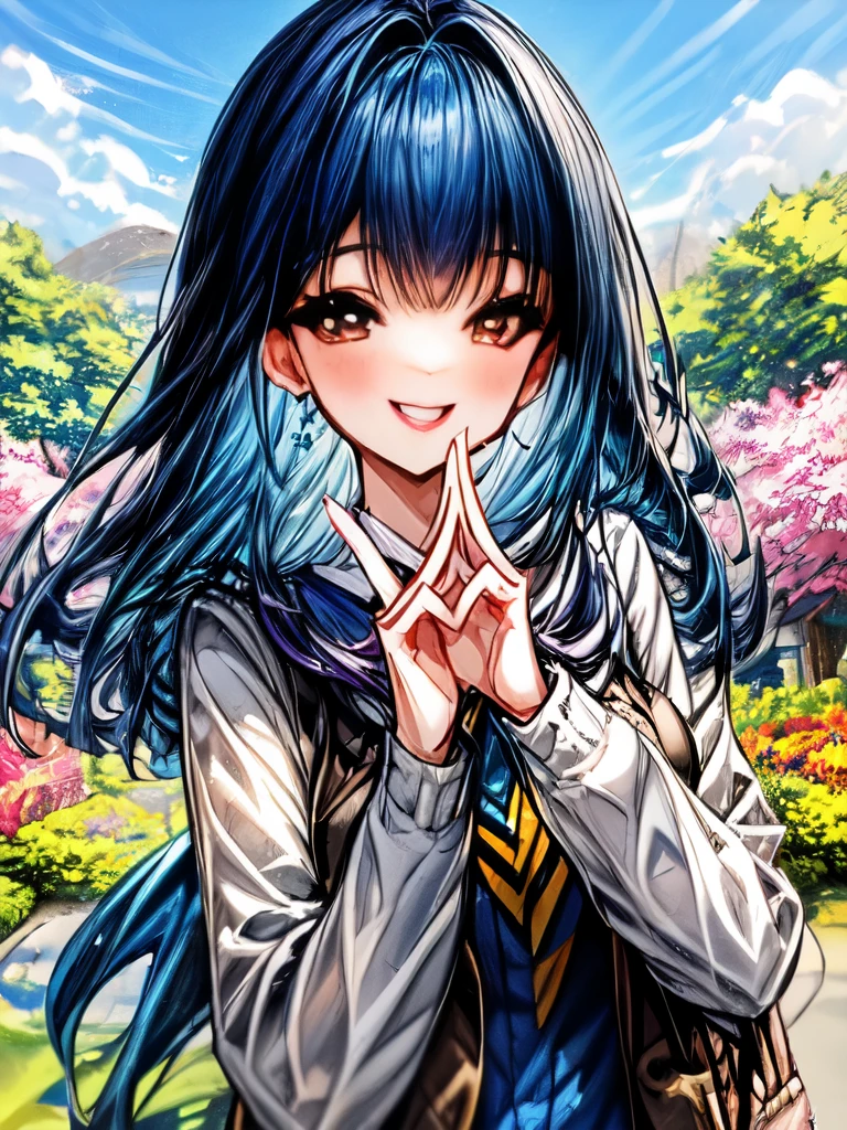 A quiet girl with dark blue hair girlwearing a cardigan with a smile on her face, standing in a sunny garden surrounded by colorful flowers.