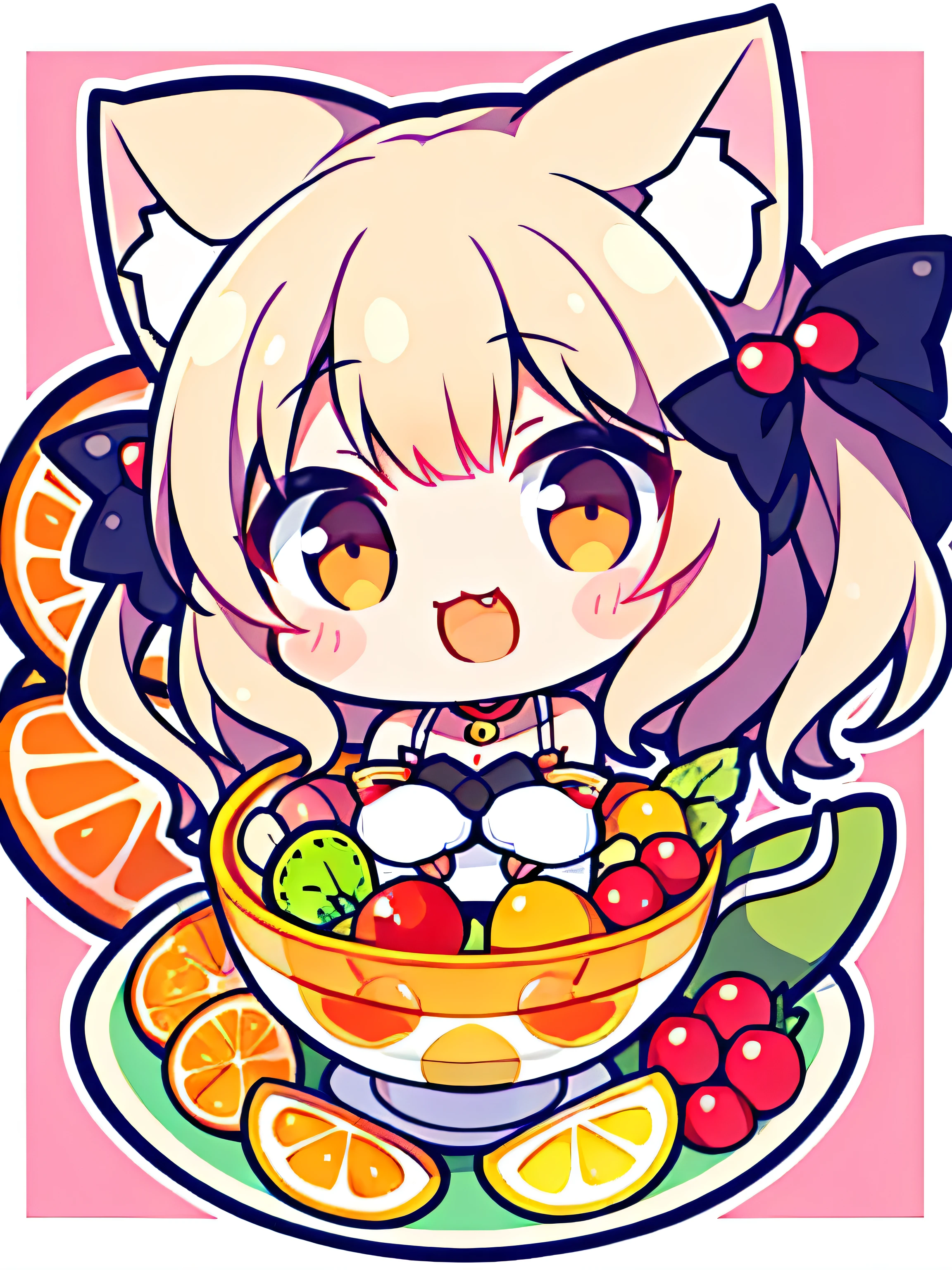 Chibi Neko, Cat, cute, 仔Cat, Big smile,Fruit platter