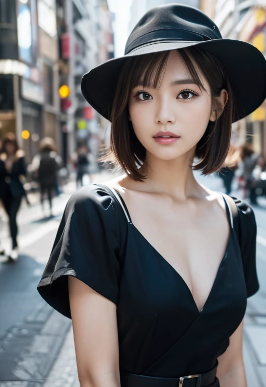 (((City:1.3, outdoor, Photographed from the front))), ((medium bob:1.3, black dress, hat,japanese woman, cute)), (clean, natural makeup), (highest quality, masterpiece:1.3, 超High resolution), (Super detailed, caustics), (realistic:1.4, RAW shooting), very detailed, High resolution, 16K resolution