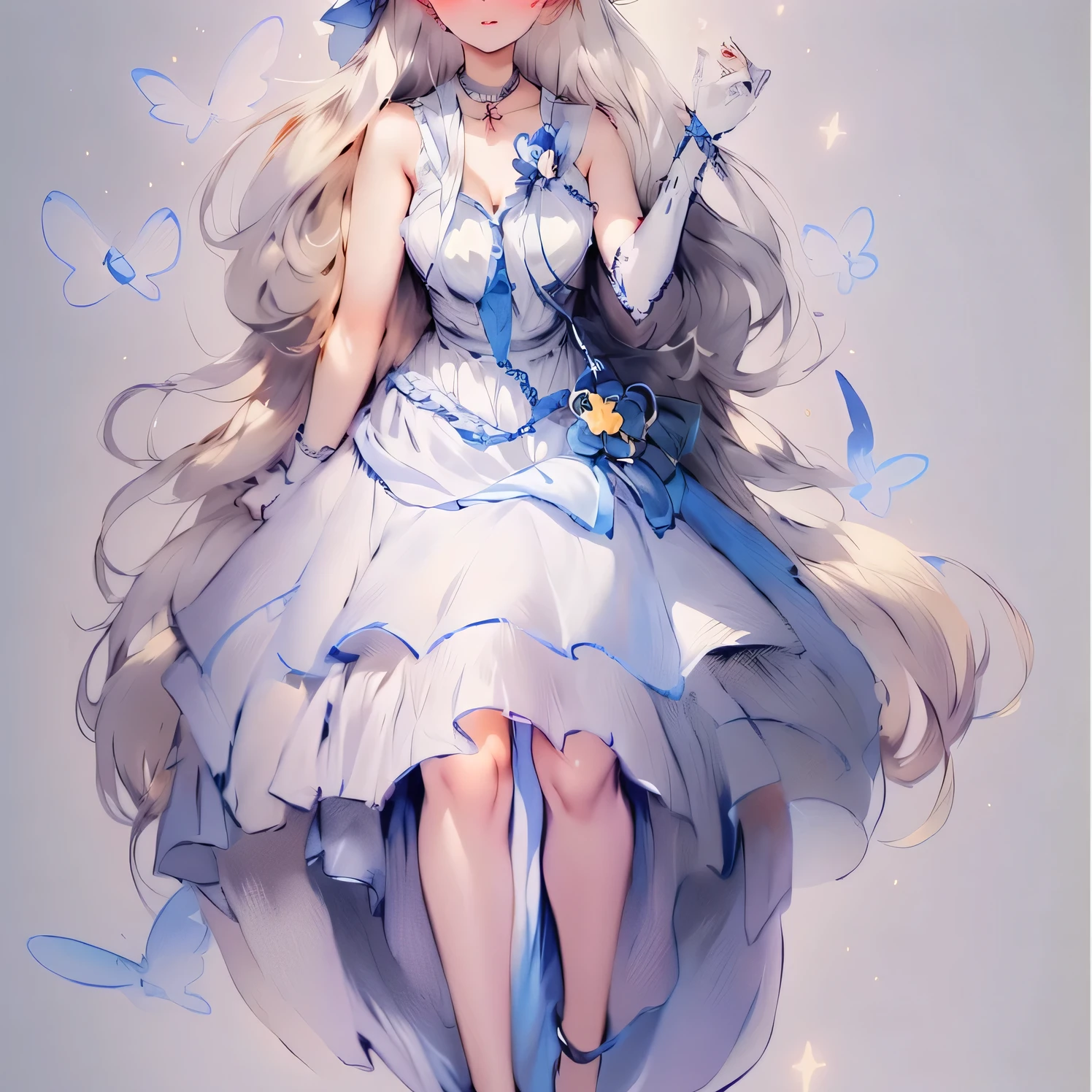 One painting shows a woman wearing a dress、Girl holding a sword, Clear anime silhouette, outline sketch, Anime style drawing, Contour, perfect Line Art, full body picture, full body figure painting, Anime Drawing, Silhouette Art, Anime full body illustration, clean Line Art, an Anime Drawing, long hair anime girl, simple Line Art, Traditional style, Line Art，White skirt，166 height，Sweet and rewarding，Generate personality by picture：
1：Rational and empathetic，Not Cold Blooded 2：Curious and creative 3：&quot;Bold&quot;，With some aggressiveness，Be brave to try new things 4：Gentle, delicate and artistic 5：There is a poetic atmosphere in the belly（of temperament）
6：Strong self-control but not secretive，Know how to communicate，Good at planning 7：There is a certain degree of elegance and ritual 8：Kind and caring，Understand silent care and companionship 9：With some sense of justice，Worldly-wise but firm in principles10：Be confident but not arrogant，Willing to listen，Also willing to express 11：Cute but，Have your own ideas, hobbies or specialties：
1：Hobby: Reading，Love to study 2：Like to debate，Strong logic 3：Love writing，Good imagination 4：Good at artistic creation，Appreciate body shape：Slender，But there is &quot;strength&quot; height：Take off shoes 166cm Appearance：Sweet and rewarding，The face shape is cute but also dignified，A combination of a royal sister and a ta face，Light flaxen brown hair, dark starry blue eyes（undetermined），There is a faint red mark between the eyebrows，A hint of purple，With a sense of emptiness and ethereal ，And a little mystery，Scattered over shoulders，About halfway up the back。Like just out of the bath，Some water vapor，Skin is fair and rosy（Especially the face），little cherry mouth，Lying flat on the sky blue princess bed in the bedroom。There are three sketches she drew on the desk in the bedroom，A high degree of completion，The other two are sketches that are not fully completed.，There is also an inky black bow and a pure white bow placed on the corner of the desk.。In the other corner is a long white quartz table.，There are shelves on top to hold a lot of small items.（Integrated with long table）。A large photo hangs on the bedroom wall，Inside is a slanted view overlooking a beautiful isolated island in the sea，But in the upper left corner of the photo, there seems to be a faint sand road connected to the island leading to the distance.。The bedroom ceiling is above the princess bed with a vast starry sky as the background，There is a crystal chandelier in the middle（Colored crystals in the shape of planets），Switchable colors，Elegant yet restrained。Another place for reading and painting with a hazy unknown sky like a fairyland as the top。Bedroom floor similar to quartz material，It is a soft white，Similar to the gradient from pure white light-white snow-light-ice-water-rivers and lakes-shallow sea-deep sea from white to blue。There is a white gauze-like roller curtain next to the desk.，Behind the rolling curtain is a glazed door，When opened, there is a spacious balcony。
Off-shoulder white dress，White skirt，More folds（But it is much looser than the sample picture），A white rose is pinned to my chest，White Silk，As long as the shoes meet the Overall temperament，C cup，Basically not exposed，A sterling silver three-leaf cross hangs on his chest.（Just similar style，Actually modified，With normal three leaves/Bud Cross Different，And in special cases it may turn into black），A rainbow eye obsidian bracelet is tied on the right hand（Faintly emitting colorful light），And holding the black &quot;pawn&quot; in chess in his right hand，With a soft and sly smile 。And black and white butterflies hover around。
Overall temperament：Gentle and elegant、A calm and rational lady，Good at accompanying and listening，But we focus more on helping people recover from their predicament（Give a man a fish，Teach a man to fish）。Sometimes there is also the liveliness and cuteness of a littever, when facing the overall situation, we should be rational.。