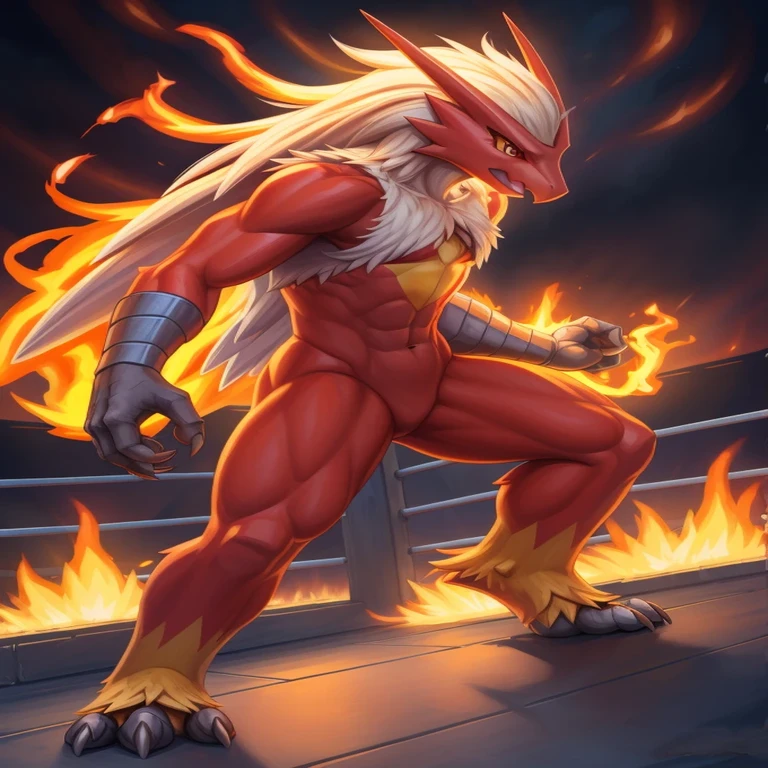 a cartoon image of a blaziken with a flames in her hairs and backs, fire type, sfw version, blaziken boxing hero, muscular werewolf, blazing infero, phoenix warrior, doing a hot majestic pose, fire!! full body, posing for a fight intricate, phoenix , blaziken hybrid animal,blaziken face, red eyes with yellow sclera, fire punch, sfw, yellow bird feet with 3 toes, digitigrade ,bird's toes claw,stable diffusion, isometric diffusion, hd, realistic, black blaziken hands, masterpiece, trending, by pixelsketcher:0.3, high detailed fire, breathtaking oil painted, 5 finger hands, cool colors,light from behind, muscular slim body, box ring location,thin wrists, blaziken mouth, more fire, dazzling flames,,swirling fire like tornado:0.4