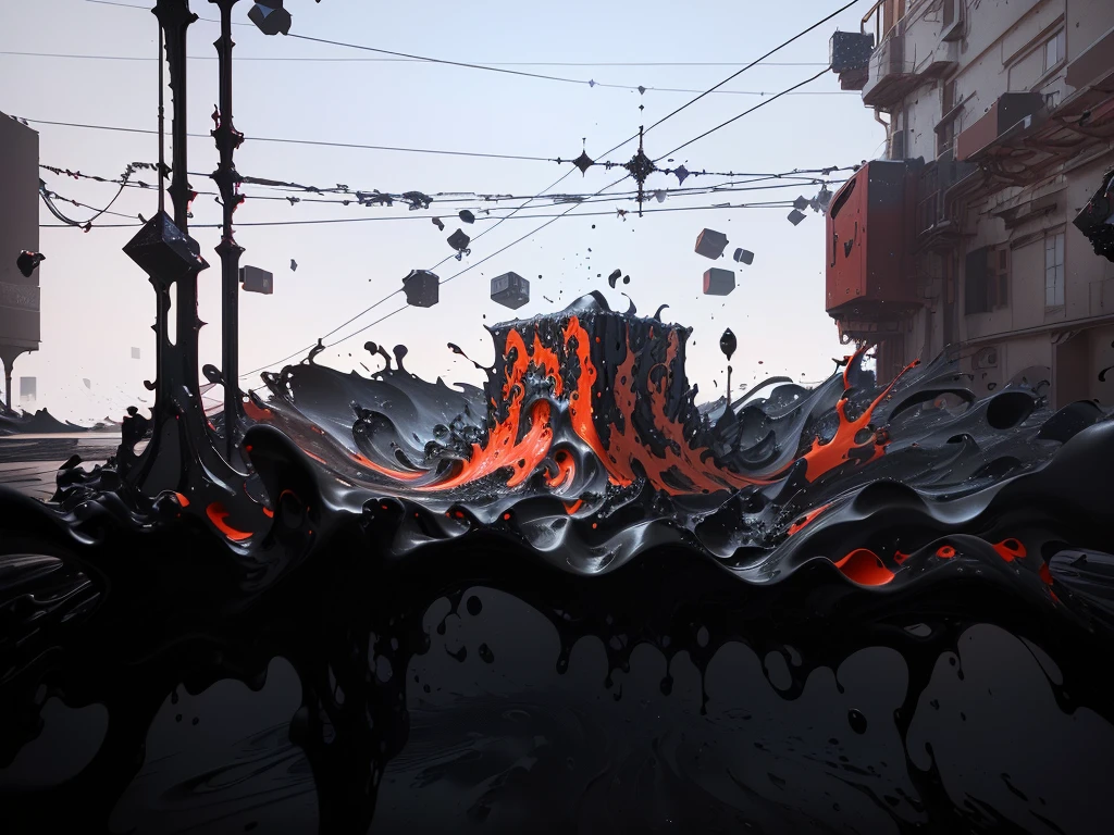 There is a very large red object in the middle of a dark background, 3 d Fluid simulation render, chaotic swirling ferrofluids, rendered in houdini, houdini Fluid simulation, Epic 3D Abstract Model, Fluid simulation in houdini, Fluid simulation, rendered in maya and houdini, rendered, black Fluid simulation, intricate artwork. Octane render