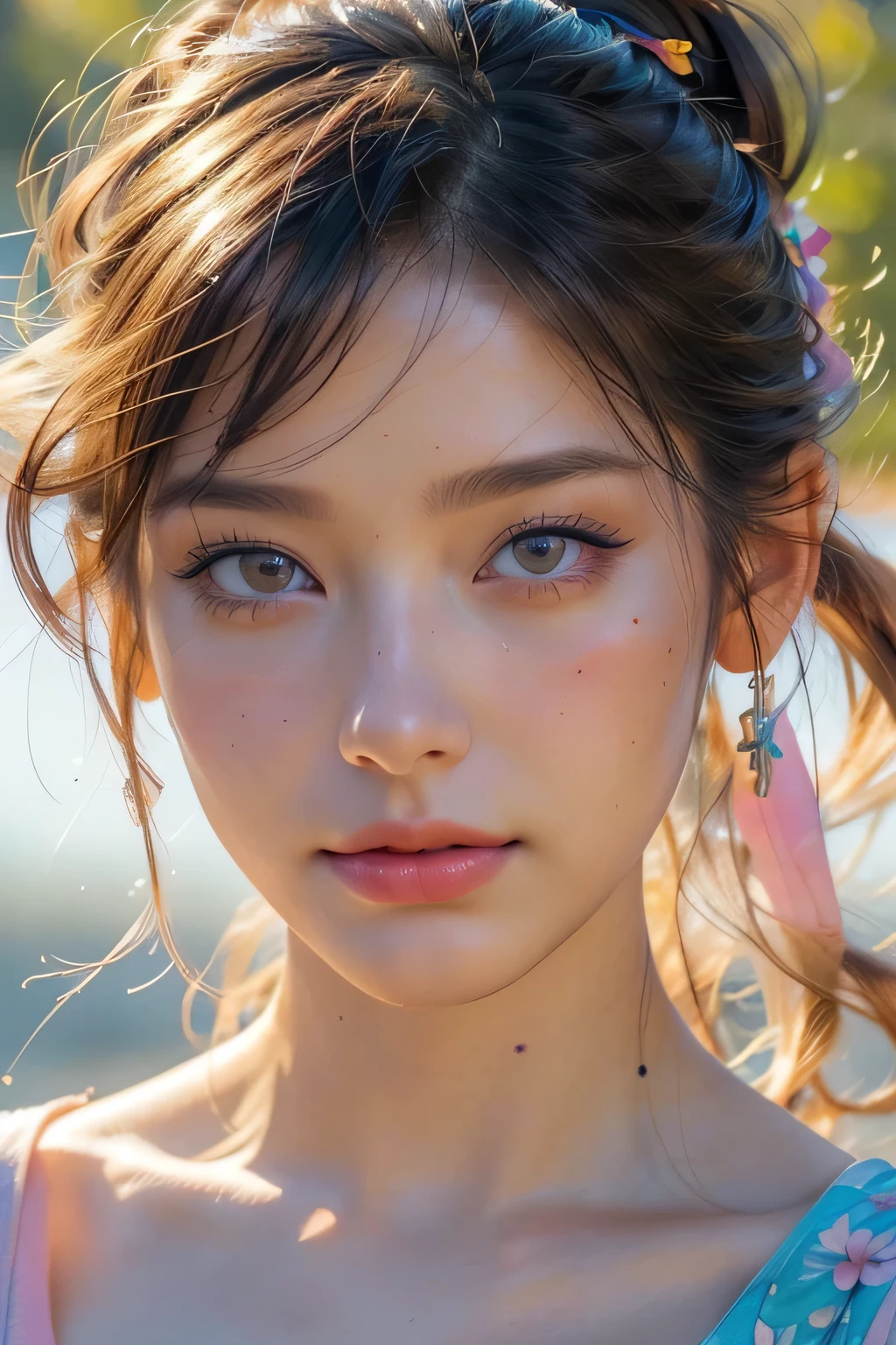 (8k, 最high quality, masterpiece:1.2),(最high quality:1.0), (超High resolution:1.0), watercolor, Beautiful woman, shoulder, Hair Ribbon, Half Body Portrait, Very bright and luminous design, pastel colour, (ink:1.3), Autumn Light, masterpiece, 最high quality, high quality, High resolution,(((Face close-up)))