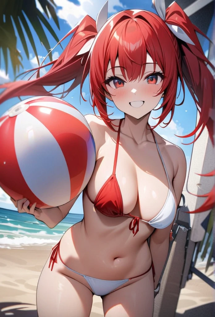 High quality, high definition, hig
h precision images,8k one woman, Robot Girl、red hair,Twin tails,Red eyes.robot style red and white barrette、Of summer long beach,red and white micro bikini holding a beach ball with a smile