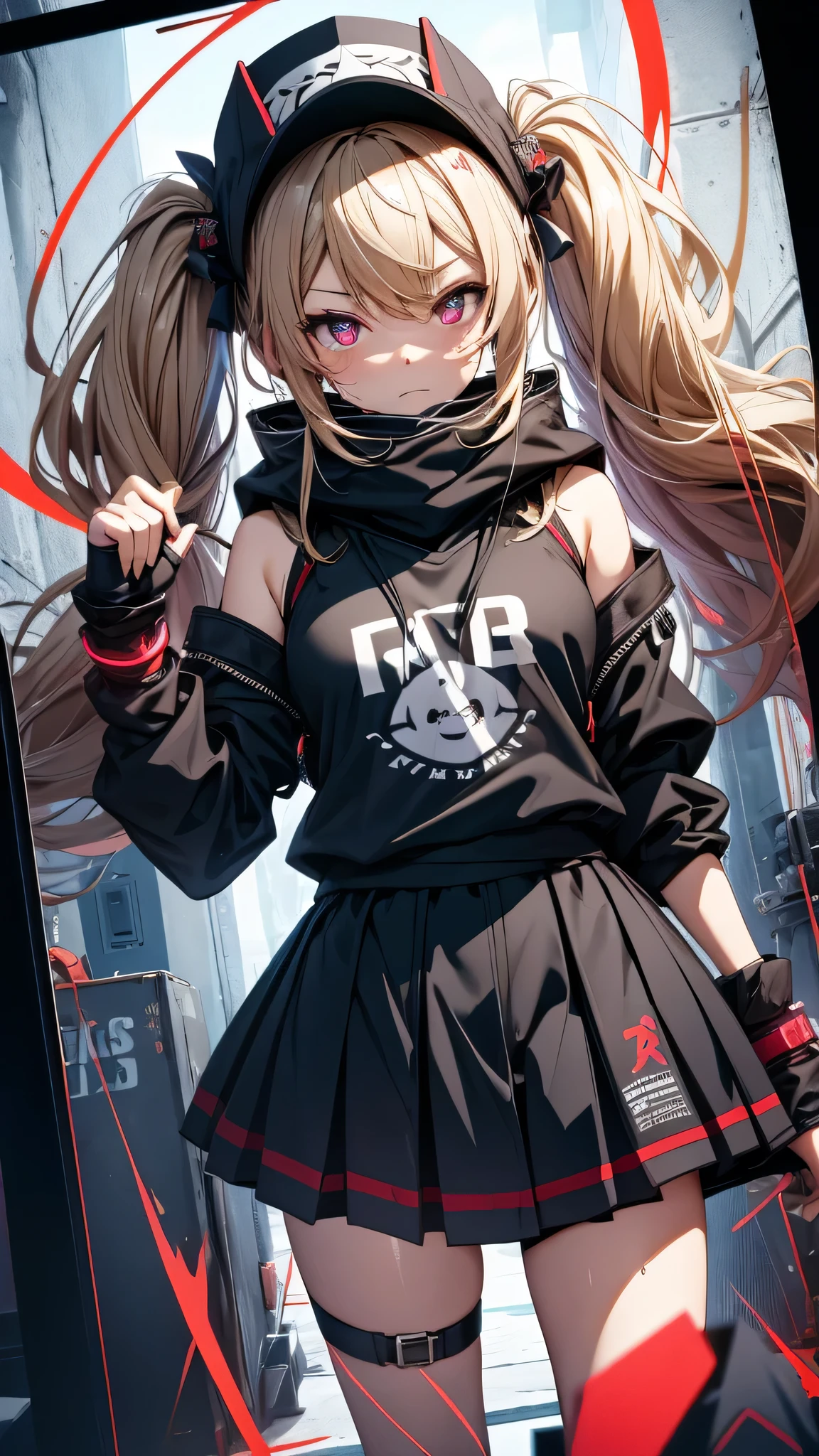 最high quality、Best image quality、masterpiece、girl((18-year-old、 By becoming、Best Bust、Medium Bust,Wide open breast tea、Red glowing eyes,Blonde、Disheveled Hair、Twin tails、thin,The highest valley、Open chest、Luminous Wristbands、hat、hair ornaments、luminous necklace、Black sleeveless hoodie(1:2)、Blue short skirt、Disheveled clothing、Show the whole body,Low - Angle、Hacker-like、sweating、lure、Black cute mask、Leaning against a wall、Black scarf、Holding a Japanese sword、Sad face、Chain Accessories、handcuffs)),high quality、Beautiful art、background((Black Room、Black Wall、Black furniture、Big black TV、Black PC))、Flight、Flying debris、Written boundary depth、movie、Visual Arts、Perfect art、8K,Genuine,