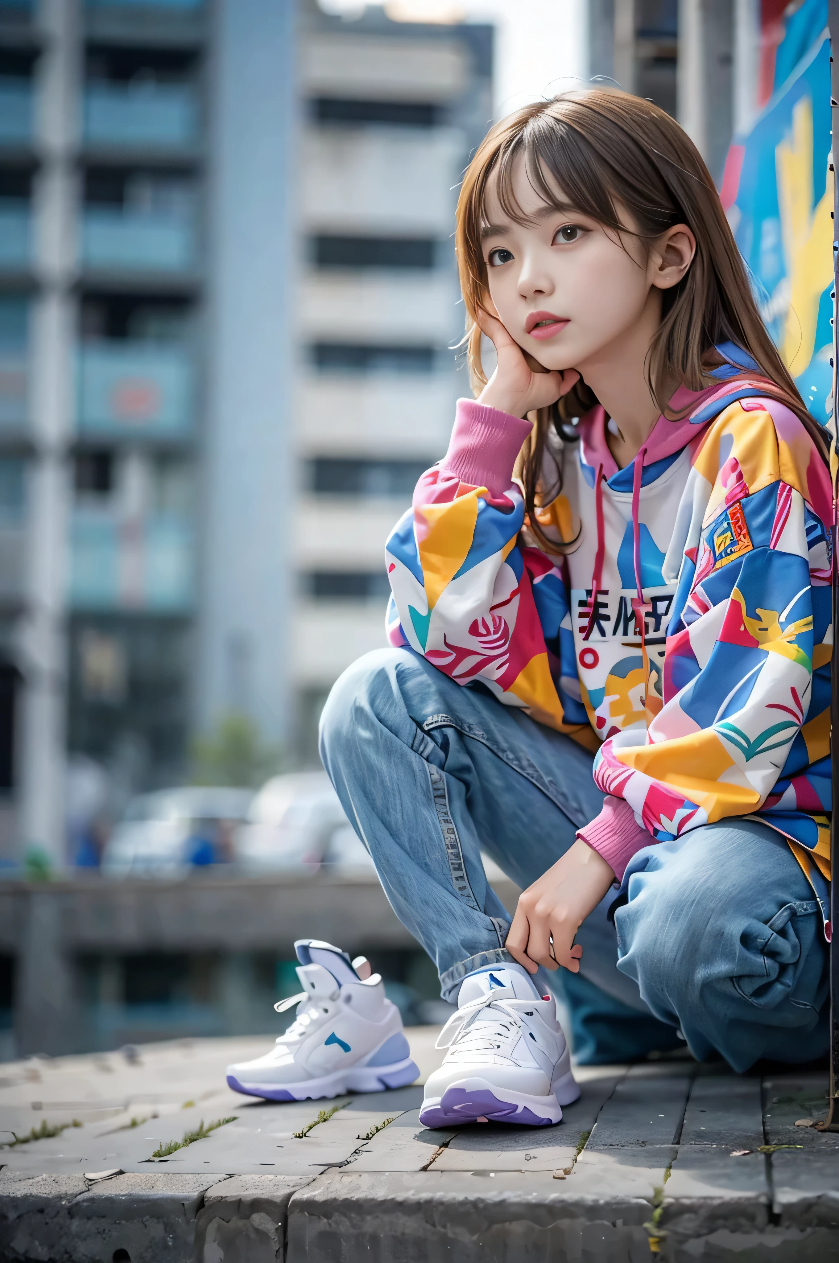 One girl,Japanese, , Wearing a colorful long sleeve shirt,(((Bottom View))),Athletic Sneakers,Low-rise denim pants, Have a smartphone, Shallow space,Background of urban architecture,Sitting pose,highest quality, masterpiece, 8k,Shallow depth of field, Biologically correct,