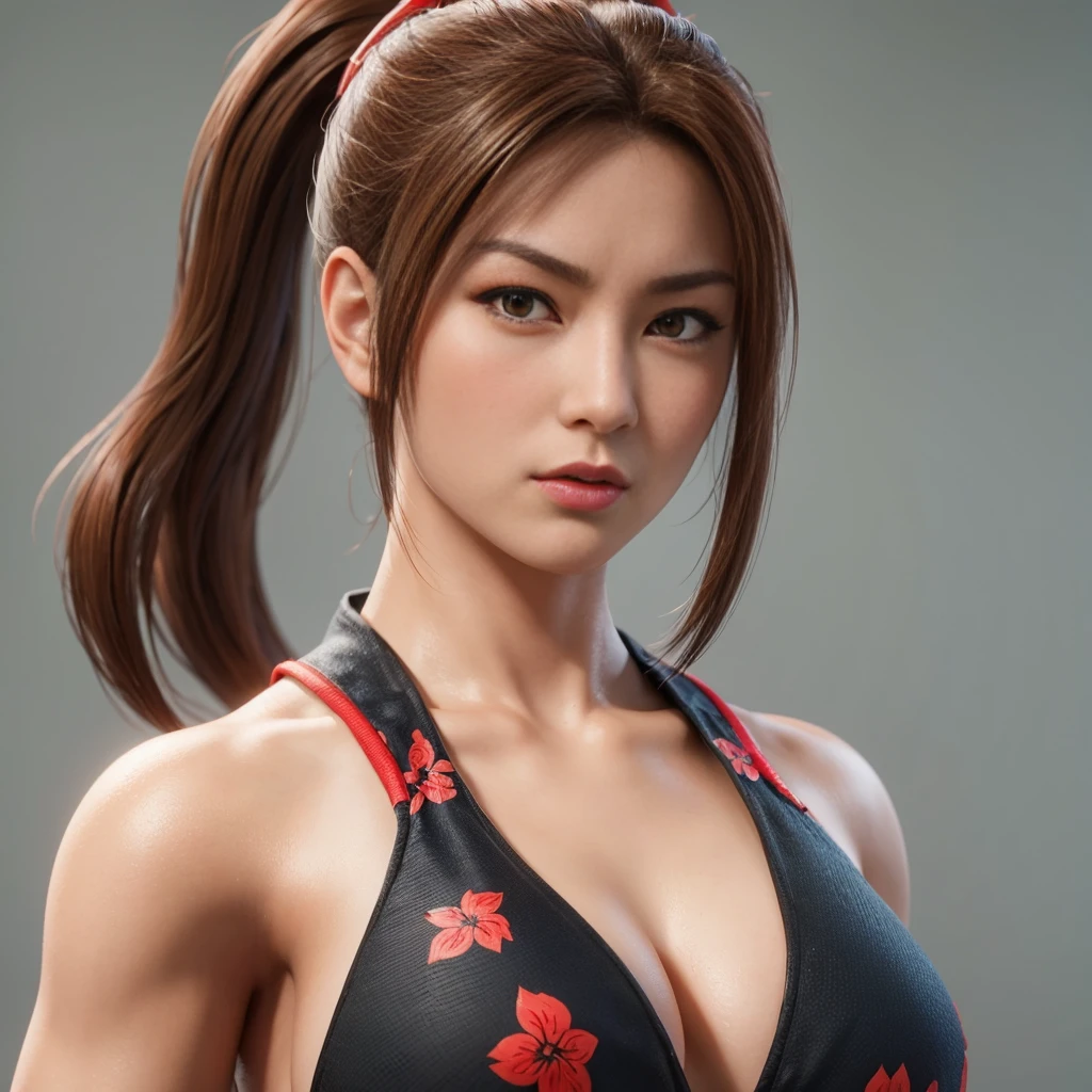 Mai Shiranui, (best quality,ultra-detailed),(realistic:1.37), beautiful and detailed face, ultra-realistic texture, delicate face, athletic body, vivid colors. High definition, 8k, angry expression
