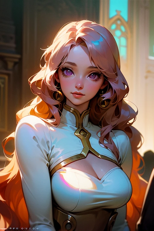 50-year-old woman, middle-aged European, ((MILF)), full lips, (oval-shaped face), (celestial nose), warm fair skin, purple eyes, doe eyes, very light rose gold hair, very light pinkish blonde, extremely long wavy hair, long eyelashes, serene smile, kind expression, elegant and sexy white dress, (brocade fashion), radiance, glowing, luminous, enchanting, ethereal aesthetic, elegant, holy, soft lighting, dreamy, romanticism, atmospheric, innocence, quiet, compassionate, trending on Artstation, ((Alphonse Mucha style)), inkshadow, (((masterpiece))), ((best quality)), ((intricate detailed)), ((Semi-realistic)), (solo focus), (perfect face:1.1), (high detail:1.1), cleavage, religiouslike portait, standing, holding an axe