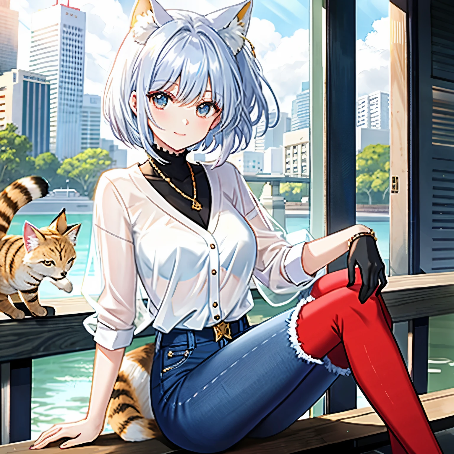 - **Theme**: A glamorous woman with silver hair and tan skin is speaking to the viewer. She is a brave and outgoing character, always ready to take on new challenges. BRAKE
- **Number of Characters**: One woman.
- **Worldview**: A fusion of anime and manga, blurring the boundaries between fantasy and reality, allowing for diverse expressions. The setting is a bustling neon city, filled with vibrant colors and energy. BRAKE
- **Body Type and Skin Color**: A glamorous figure, her **tan skin** is distinctive, and its warm hue enhances her charm. Her **tan skin**, glowing healthily from sunbathing, is a symbol of her vitality and beauty. BRAKE
- **Animal Ears and Tail**: Cat ears and tail of a sand cat.
- **Costume and Costume Color**: She is wearing a white blouse and blue jeans. The blouse is designed with intricate lace patterns, and the jeans are ripped at the knees, reflecting her bold personality. BRAKE
- **Hairstyle and Hair Color**: The main is long hair, with elements of ponytail, twin tails, bob cut arranged in the hairstyle. The main hair color is silver, with a little bit of gold and blue added as a gradient. BRAKE
- **Presence and Details of Wings**: No wings.
- **Presence and Details of Smoking**: No smoking.
- **Props** (from weapons to everyday items): She has a sketchbook and pencil in her hand, indicating her passion for art. BRAKE
- **Emotions and Movements**: A calm expression as if speaking to the viewer and a relaxed posture. She is leaning on a wooden railing, smiling at the viewer. She is gesturing with her free hand as if explaining something, creating a natural and dynamic pose. BRAKE
- **Supplement (Others)**: There is a wooden railing in the background, and she is leaning on it.
- **Perspective**: Using perspective to emphasize the scene of her leaning on the railing. BRAKE
- **Composition**: The character is placed in the center to attract the viewer's eye.
- **Background and Details of Background Color**: The background is a bustling neon c