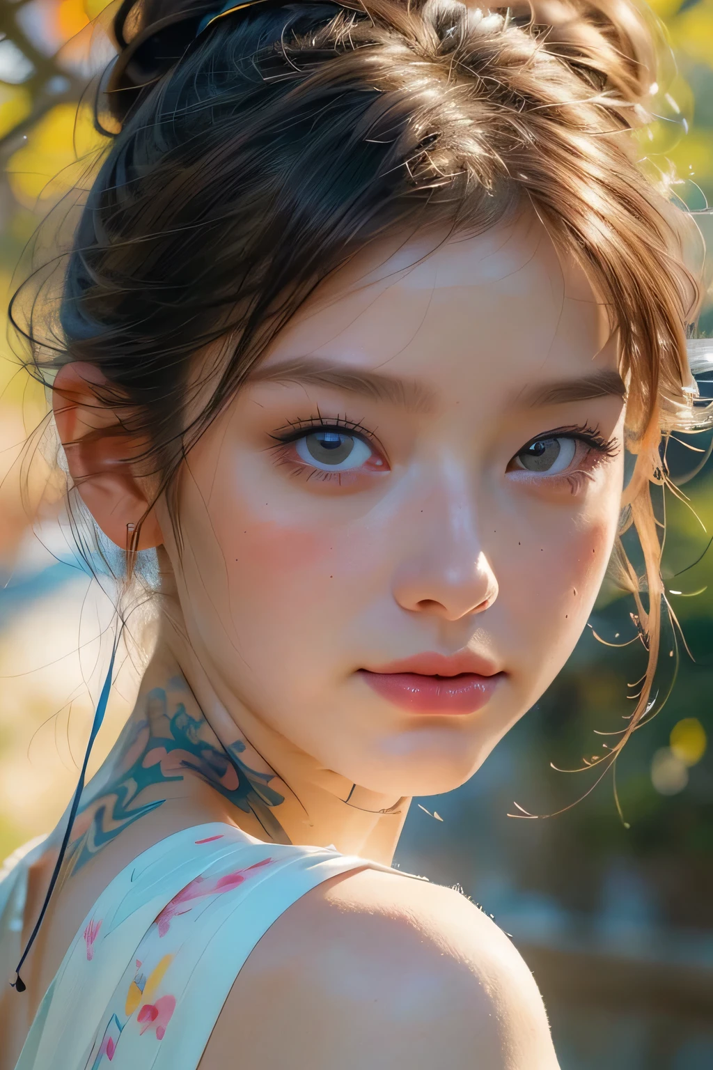 (8k, 最high quality, masterpiece:1.2),(最high quality:1.0), (超High resolution:1.0), watercolor, Beautiful woman, shoulder, Hair Ribbon, Agnes Cecil, Half Body Portrait, Very bright and luminous design, pastel colour, (ink:1.3), Autumn Light, masterpiece, 最high quality, high quality, High resolution,(((Face close-up)))