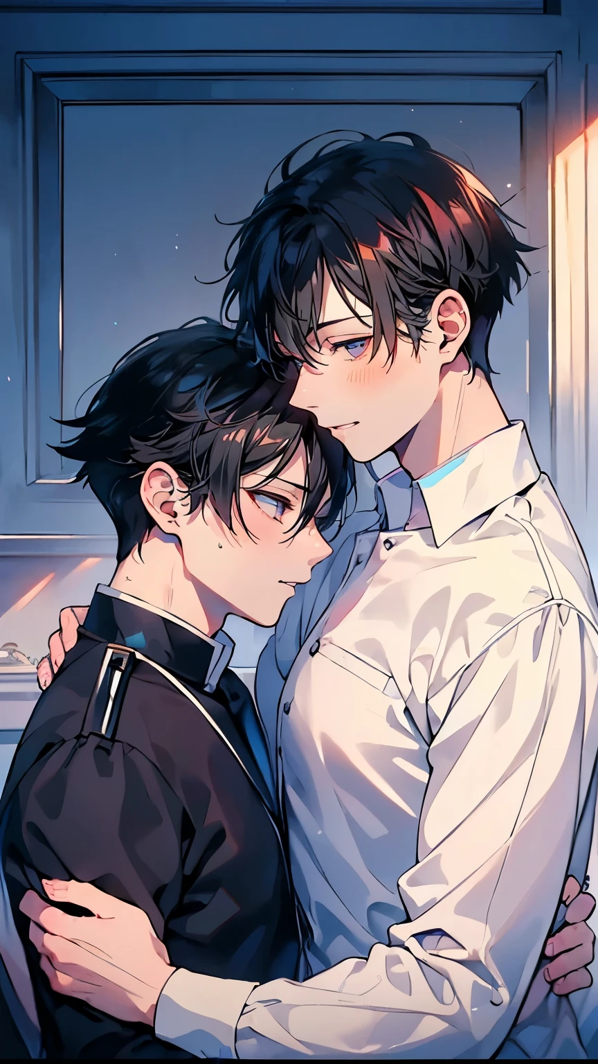 (Mastepiece), (Best Quality), Very detailed, ((Two men intimate:1.5)), Perfect Face, Beautiful Face, Very detailed顔,(Black Haired Man:1.3),(Man with white hair:1.3),uniform、shirt