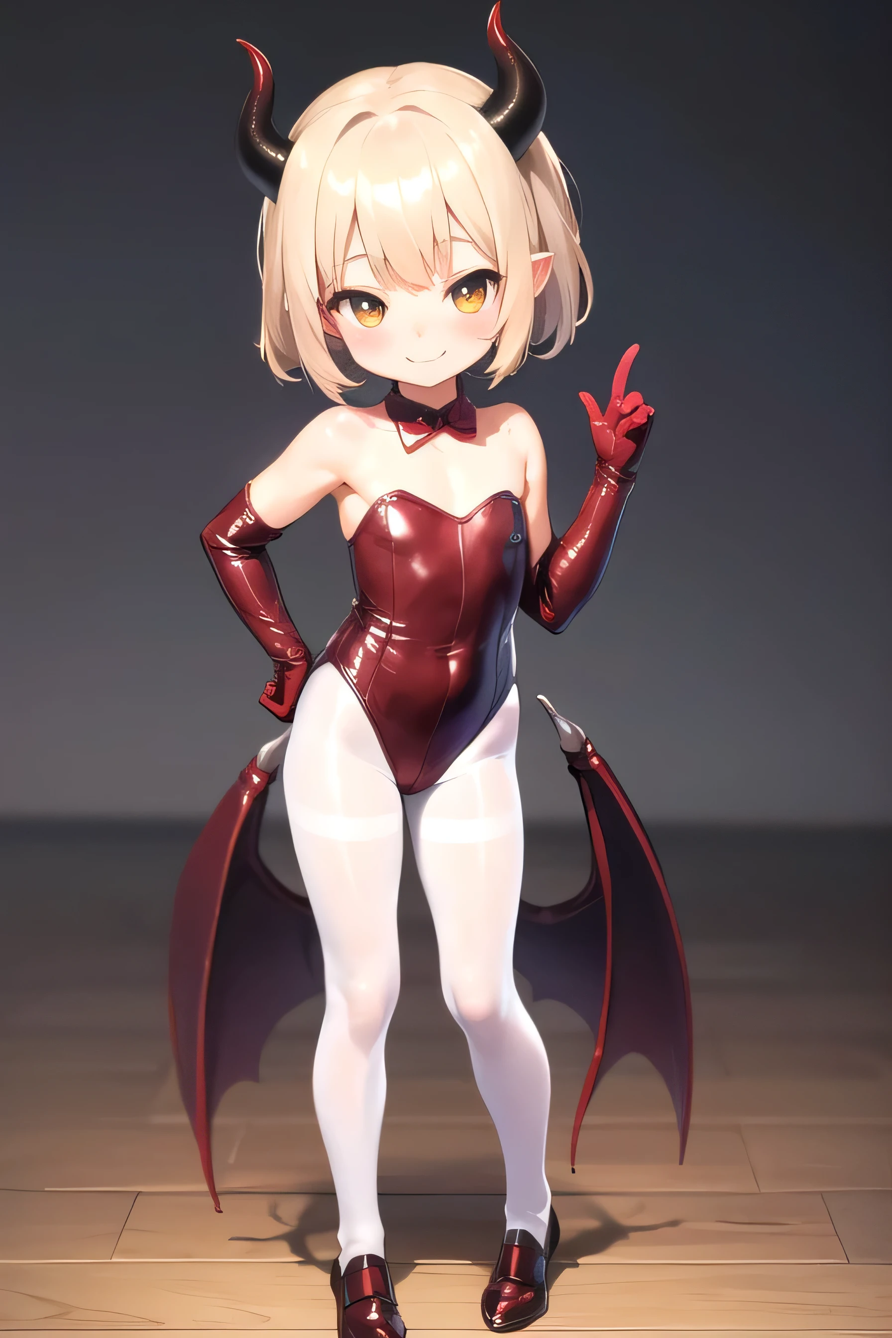 (best quality:1.2), masterpiece,
(, little, ultra cute kawaii:1.3) 2 girls, smile, standing, looking at viewer, full body shot,
(succubus, leather leotard,red satin long gloves, white pantyhose:1.2)