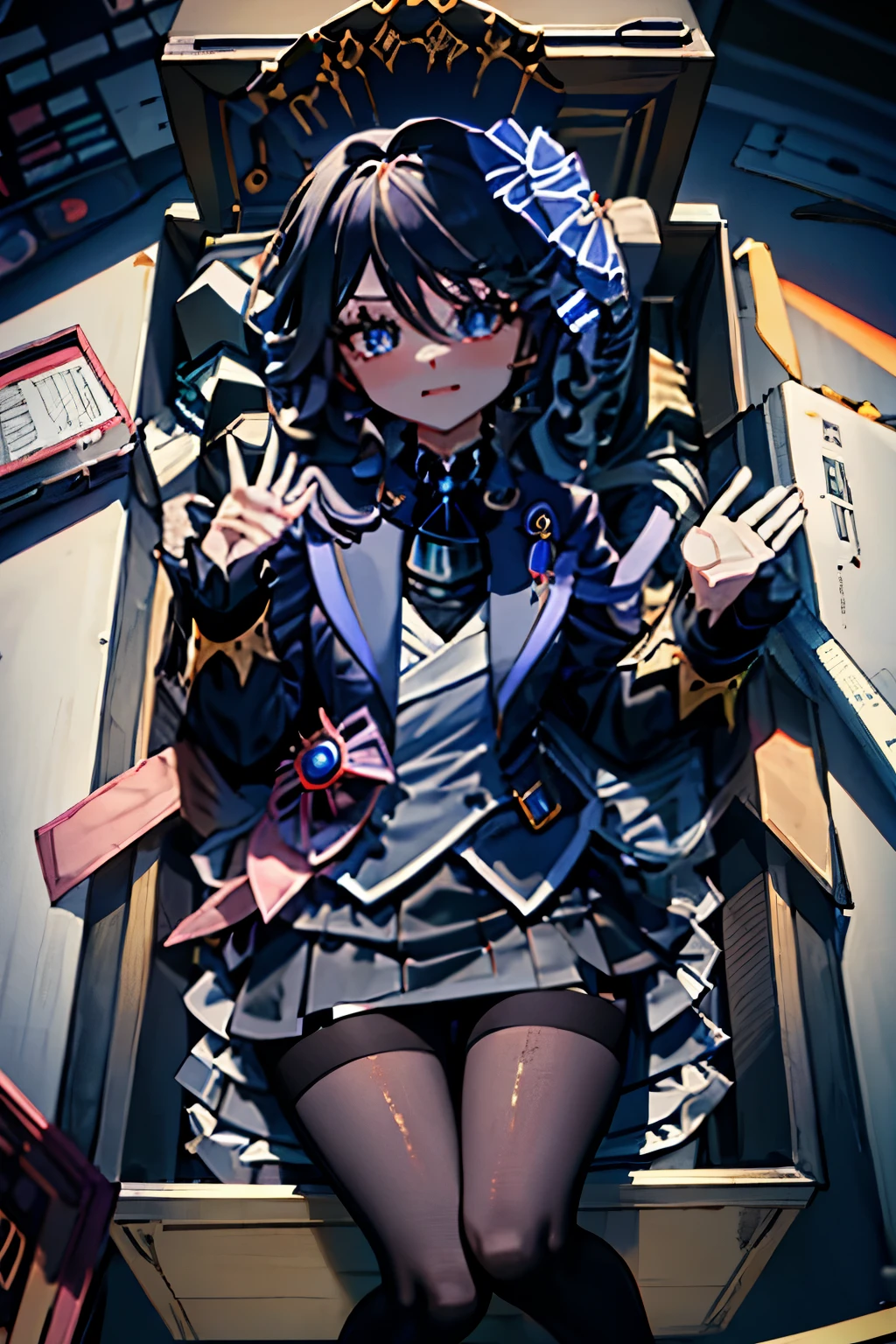 Kurumi School, low twexisttails, Hair covering one eye, , Black jacket, Blue skirt, Neck strap, Black pantyhose, exist_Box, nsideBox, Boxrelaxed, exist Box, exist contaexister, existside cardboard Box, Box with packexistg peanuts, Box with doll, various kexistds of expressions