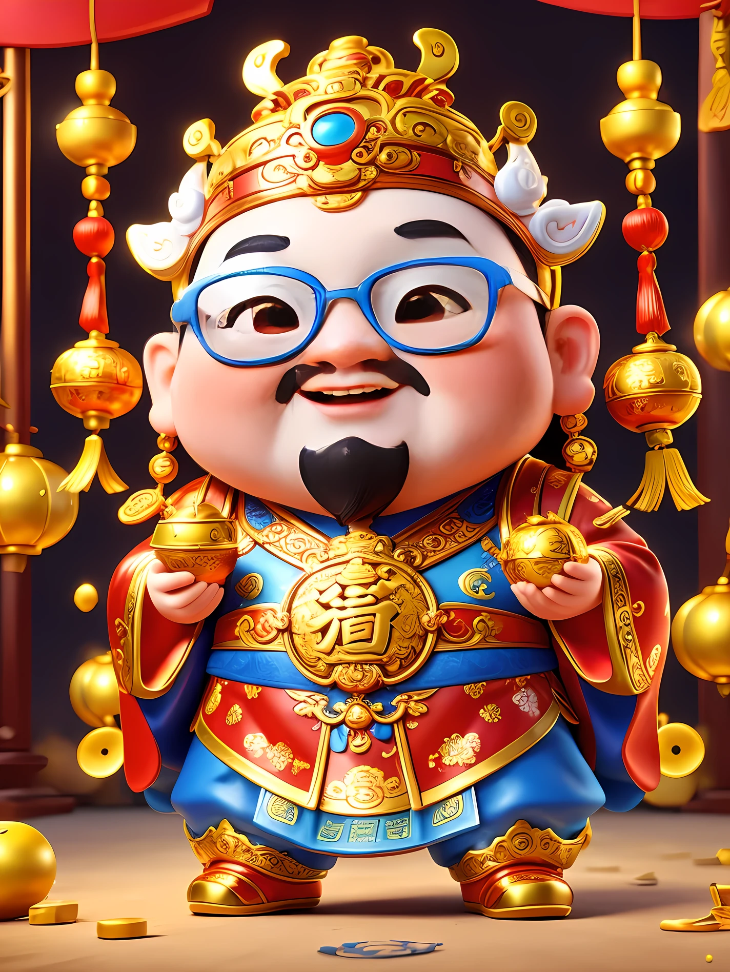 Cute Chinese God of Wealth，Pixar style，White background，whole body，(Vision 1.5）, (UHD, masterpiece, ccurate, anatomically correct, super detail, high quality, best quality, 8k)