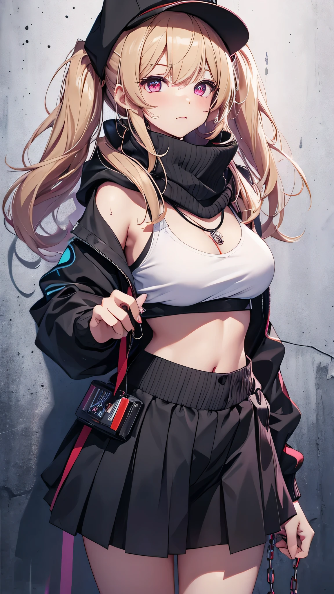 最high quality、Best image quality、masterpiece、girl((18-year-old、 By becoming、Best Bust、Medium Bust,Wide open breast tea、Red glowing eyes,Blonde、Disheveled Hair、Twin tails、thin,The highest valley、Open chest、Luminous Wristbands、hat、hair ornaments、luminous necklace、Black sleeveless hoodie(1:2)、Blue short skirt、Disheveled clothing、Show the whole body,Low - Angle、Hacker-like、sweating、lure、Black cute mask、Leaning against a wall、Black scarf、Holding a Japanese sword、Sad face、Chain Accessories、handcuffs)),high quality、Beautiful art、background((Black Room、Black Wall、Black furniture、Big black TV、Black PC))、Flight、Flying debris、Written boundary depth、movie、Visual Arts、Perfect art、8K,Genuine,