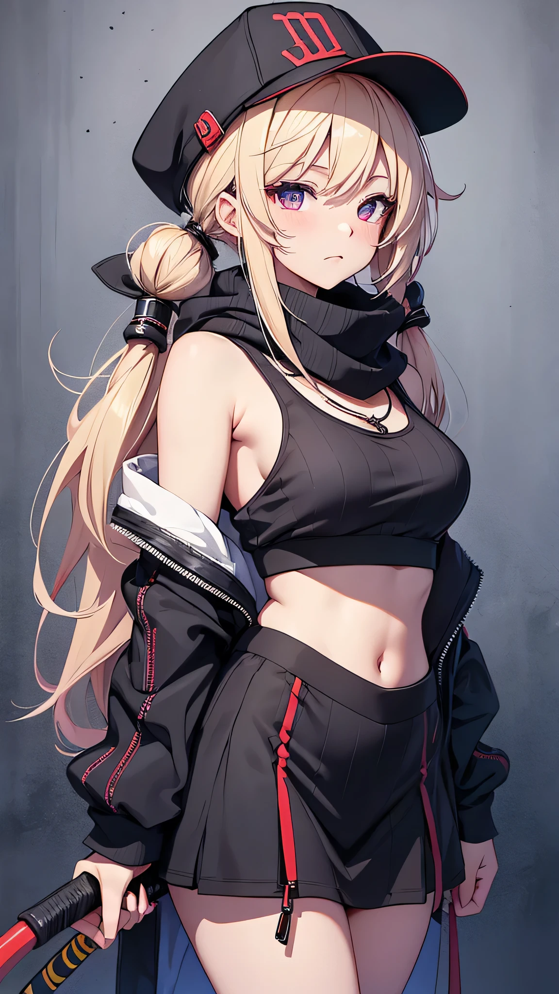 最high quality、Best image quality、masterpiece、girl((18-year-old、 By becoming、Best Bust、Medium Bust,Wide open breast tea、Red glowing eyes,Blonde、Disheveled Hair、Twin tails、thin,The highest valley、Open chest、Luminous Wristbands、hat、hair ornaments、luminous necklace、Black sleeveless hoodie(1:2)、Blue short skirt、Disheveled clothing、Show the whole body,Low - Angle、Hacker-like、sweating、lure、Black cute mask、Leaning against a wall、Black scarf、Holding a Japanese sword、Sad face、Chain Accessories、handcuffs)),high quality、Beautiful art、background((Black Room、Black Wall、Black furniture、Big black TV、Black PC))、Flight、Flying debris、Written boundary depth、movie、Visual Arts、Perfect art、8K,Genuine,