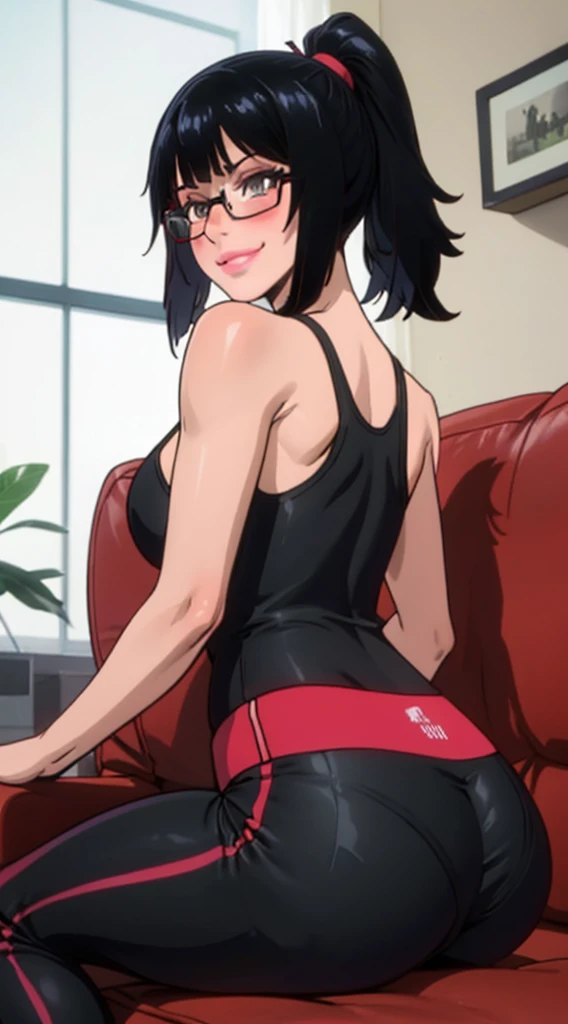 Sexy and cute woman, black hair in a ponytail, glasses, pink lips parted, red tanktop, black track pants, sitting on couch, seductive yet comforting smile, blushing, medium chest, cleavage, perfect body, huge ass, thick thighs