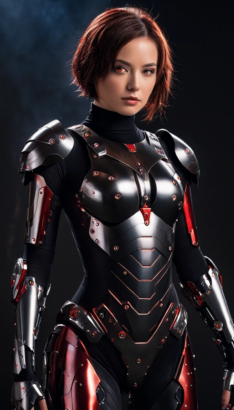 In this image, a woman with brown hair and red eyes wears a black bodysuit with red and silver armor on her arms. She appears to be a cyborg or robot, with metal plates on her chest and a metal arm. The background is dark and there are sparks in the air., illustration