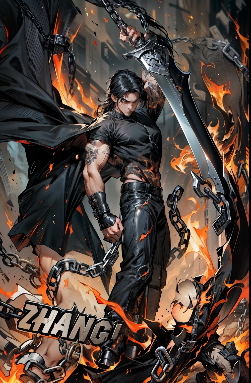 boys 26 Years old, Serious face, black hair, flowing hair, wearing ((black shirt)), black pants, high cut boots, holding sword, flames, chains, giant sword