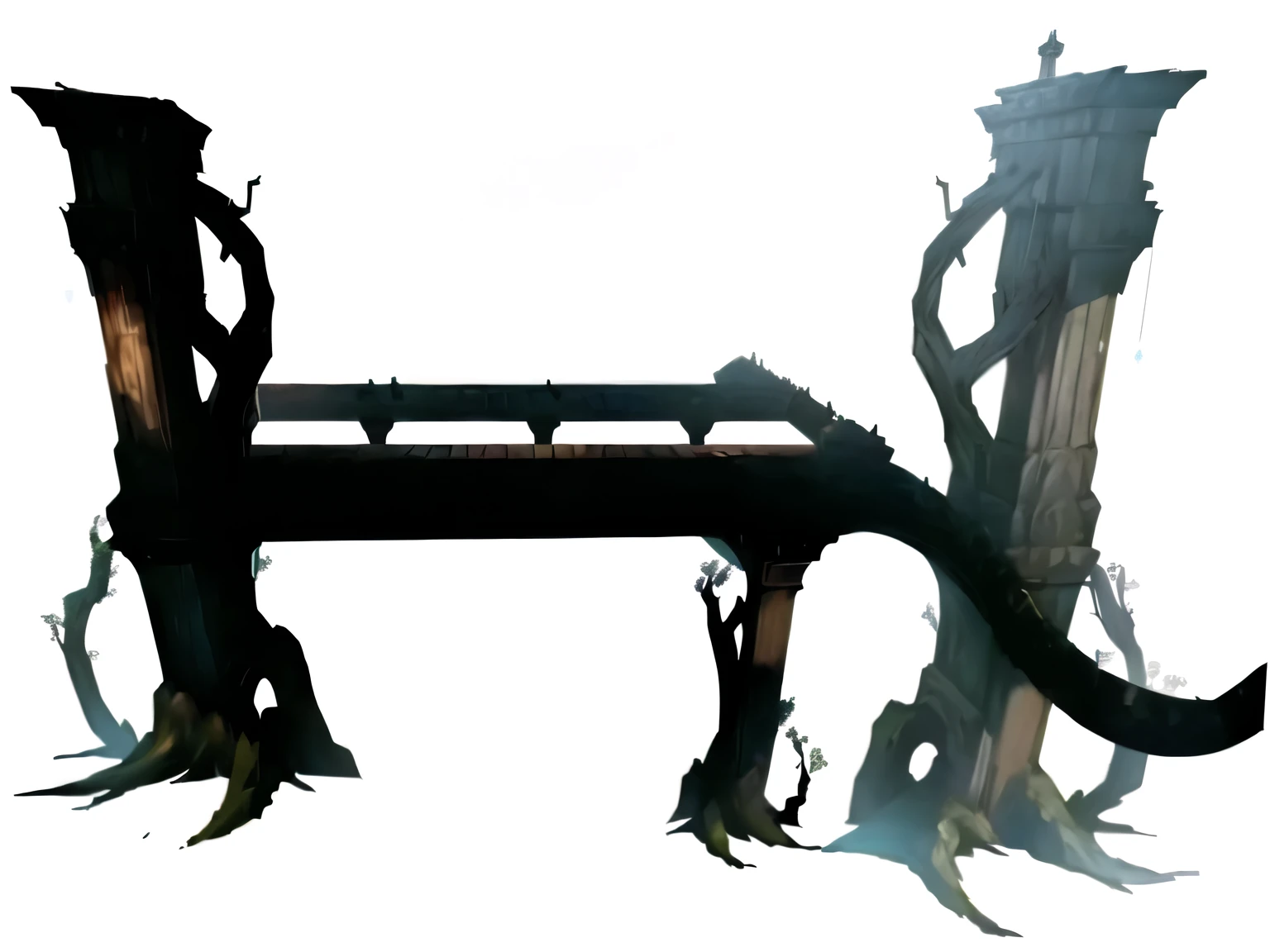 there is a wooden bridge with a big tree, Ponte da Vinha danificada, arte conceitual, arte conceitual, arte conceitualwork, arte conceitual, arte conceitual, official rendering, arte conceitual for a video game, game render, fundo da floresta escura, arte conceitual!, handrail of the vine bridge over the lake, arte conceitual of a dark forest, arte conceitual render, Huge level structure, muitos espinhos e imagem ultra detalhada, ponte entre duas arvores, ponte de madeira podre.