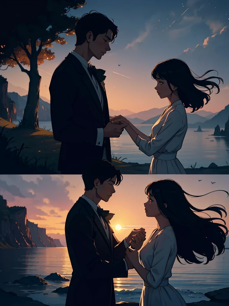 "A mesmerizing love story unfolds in a breathtaking setting, featuring an exquisite blend of emotions, tender moments, and passion. A perfect harmony of light and shadow brings out the depth and intensity of the scene. With a romantic atmosphere, soft hues, and dreamlike landscapes, evoke a sense of enchantment and longing. Let the characters' expressions and gestures convey the captivating narrative, as they embark on a journey filled with love, tenderness, and a touch of mystery."