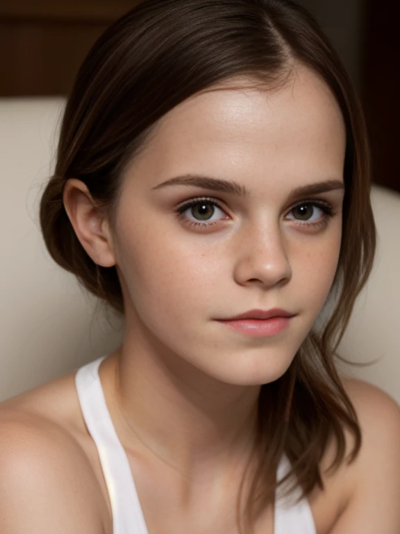 32 years old, young, beautiful ((Emma_watson)). Her face has no make-up and is naturally beautiful. Female body. She is wearing a sports bra with a wide neckline and leggings. Natural small breasts. Her face and neck are seen in close-up, very close, very close, photographed from the front, on a couch. Sitting bent forward. The room where the couch is located is very simply furnished. It shows the scene where she gives a happy expression to the camera, opens her mouth and smiles. The two hands hold her breasts. The image was taken in a living room and presents itself as a masterpiece of the highest quality in exceptionally high-quality 8K resolution. Her body is particularly highlighted and the beautifully detailed facial features underline her hyper-realistic appearance. Both her face and body are extremely detailed, every facet of her anatomy is carefully crafted, including perfect hands and anatomy. The lighting was perfectly adjusted to highlight the details.
