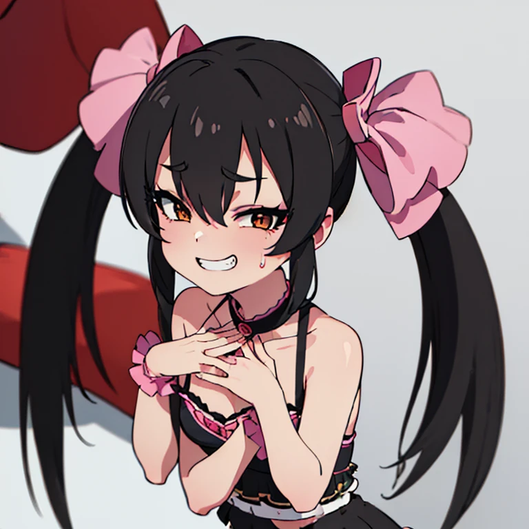 ((( masterpiece ))) Background : ( horror theme, dark, backstage, alone, best quality, highly detailed ). Character ; ( 1girl, standing , enjoying, evil wide seductive grin, hand on breast, Matoba risa, wearing idol outfit, sweating, lolicon, fit body, small breast, long twintail hair, ribbon).low angle