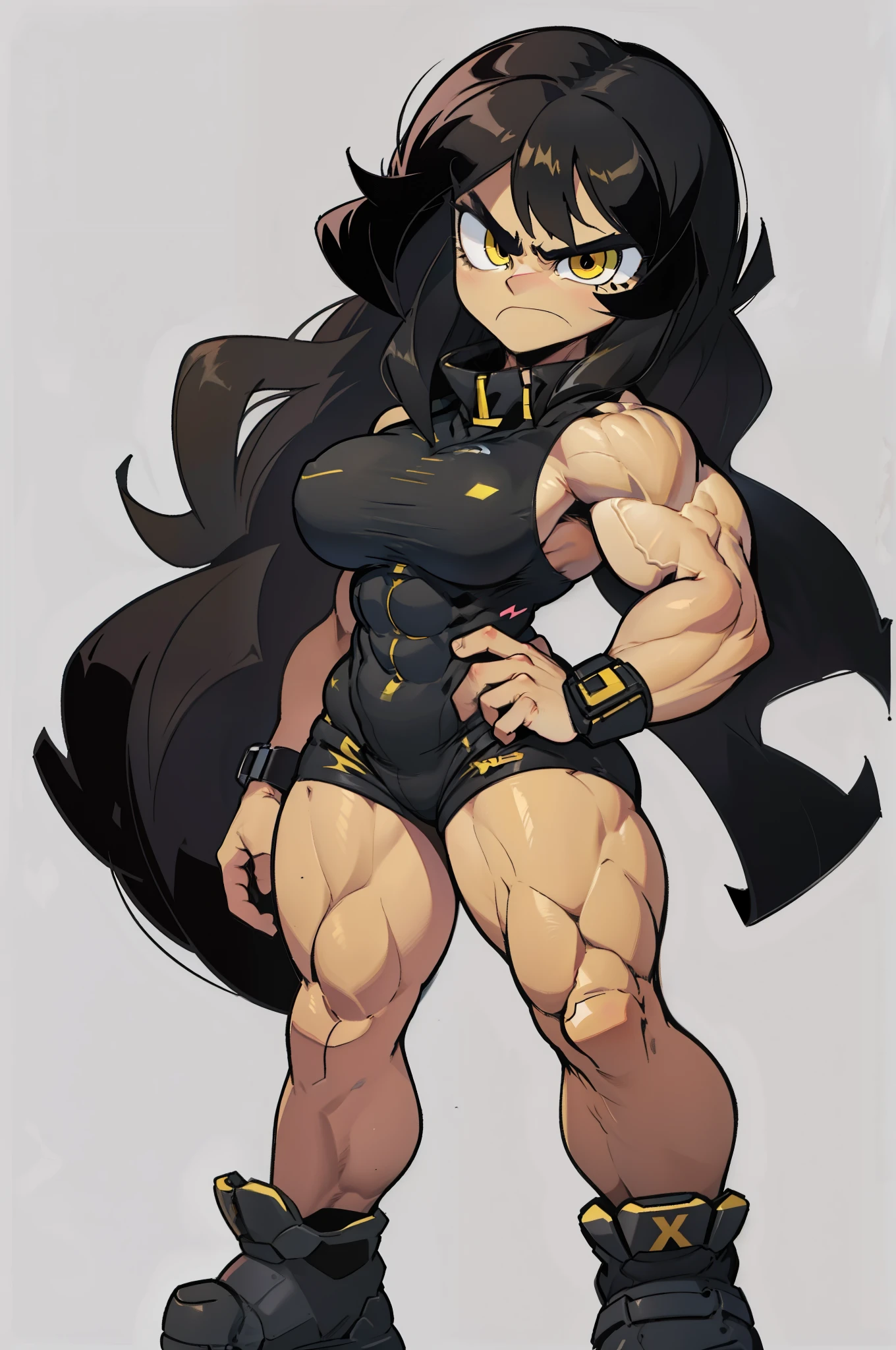 ((grey background)), solo, ((((1 girl)))), very long hair, black hair, angry, yellow eyes, (((((muscular))))), (huge ), (thick thighs), (wide hips), pale skin, standing, slick hair
