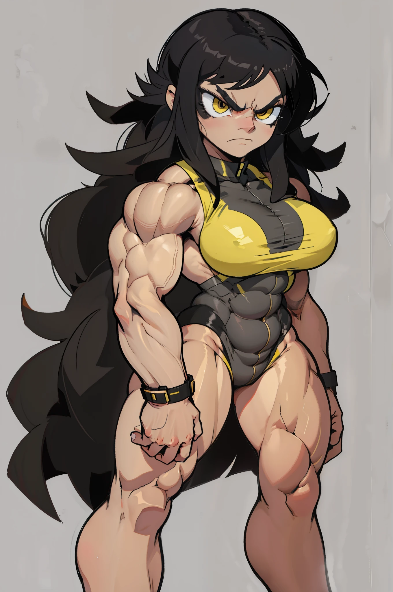 ((grey background)), solo, ((((1 girl)))), very long hair, black hair, angry, yellow eyes, (((((muscular))))), (huge tits), (thick thighs), (wide hips), pale skin, standing, slick hair