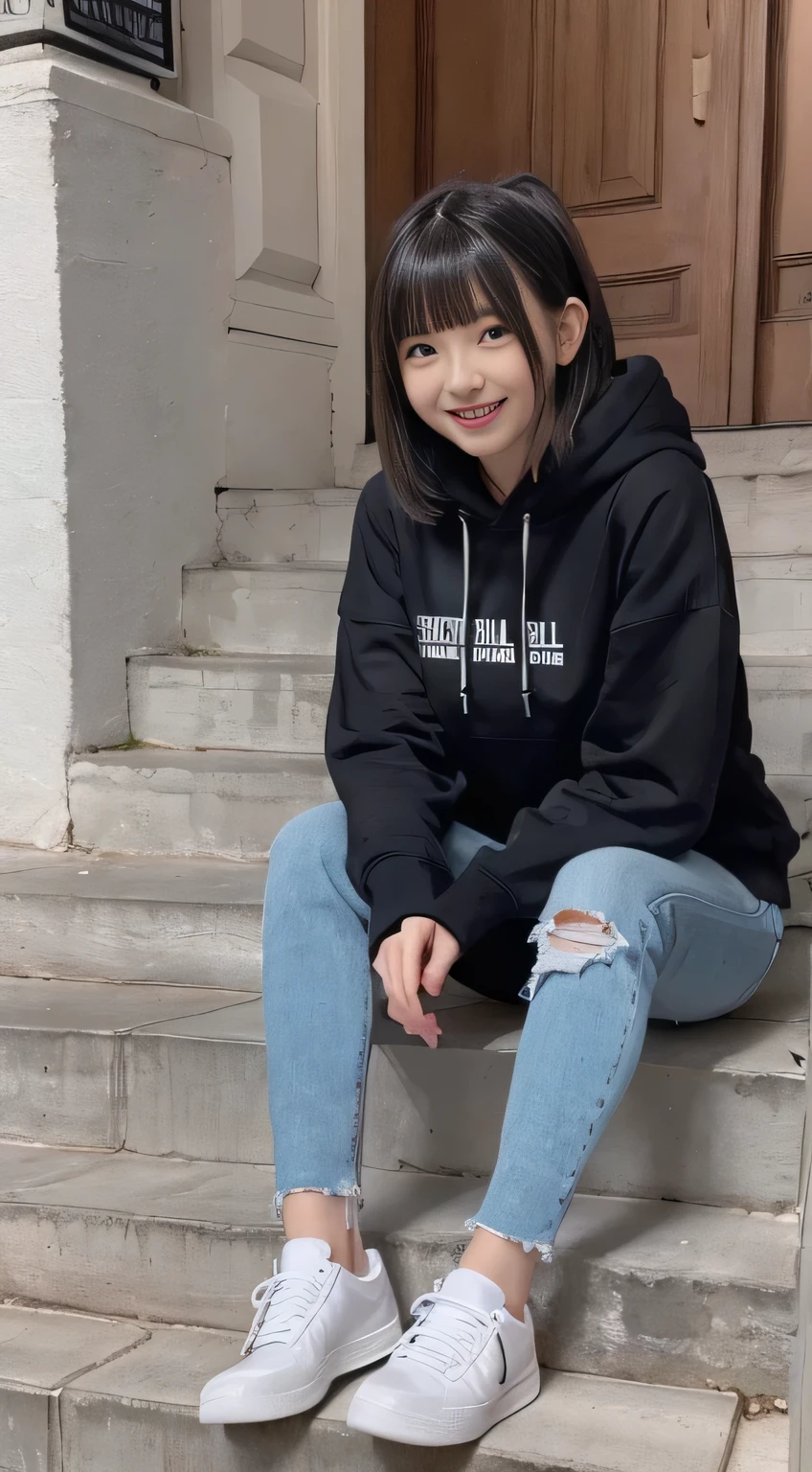 highest quality, Realistic, Very detailed, Finer details, High resolution, 8k wallpaper, One beautiful woman,Sit on the stairs、(Wear black socks)smile、(Beautiful teeth alignment、)(Gums are visible) Oversized hoodie, Skinny jeans,( Black sneakers)、Black Hair、 Beautiful Bangs、ear piercing、Perfect dynamic composition, Beautiful and detailed, Full Body Shot, A big smile