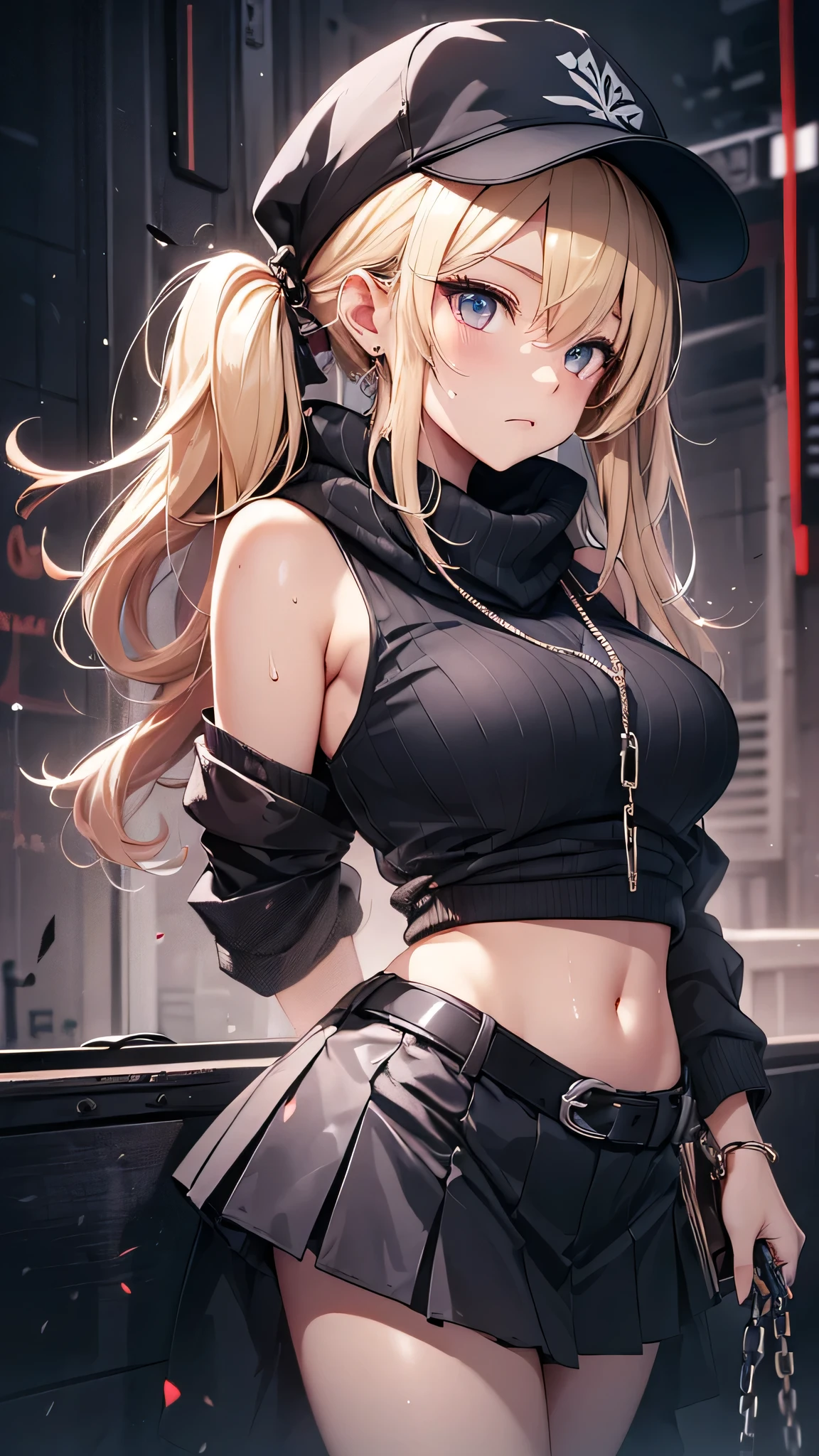 最high quality、Best image quality、masterpiece、girl((18-year-old、 By becoming、Best Bust、Medium Bust,Wide open breast tea、Red glowing eyes,Blonde、Disheveled Hair、Twin tails、thin,The highest valley、Open chest、Luminous Wristbands、hat、hair ornaments、luminous necklace、Black sleeveless hoodie(1:2)、Blue short skirt、Disheveled clothing、Show the whole body,Low - Angle、Hacker-like、sweating、lure、Black cute mask、Leaning against a wall、Black scarf、Holding a Japanese sword、Sad face、Chain Accessories、handcuffs)),high quality、Beautiful art、background((Black Room、Black Wall、Black furniture、Big black TV、Black PC、red paint))、Flight、Flying debris、Written boundary depth、movie、Visual Arts、Perfect art、8K,Genuine,