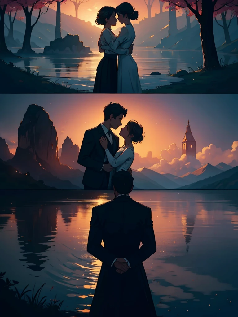 "A mesmerizing love story unfolds in a breathtaking setting, featuring an exquisite blend of emotions, tender moments, and passion. A perfect harmony of light and shadow brings out the depth and intensity of the scene. With a romantic atmosphere, soft hues, and dreamlike landscapes, evoke a sense of enchantment and longing. Let the characters' expressions and gestures convey the captivating narrative, as they embark on a journey filled with love, tenderness, and a touch of mystery."