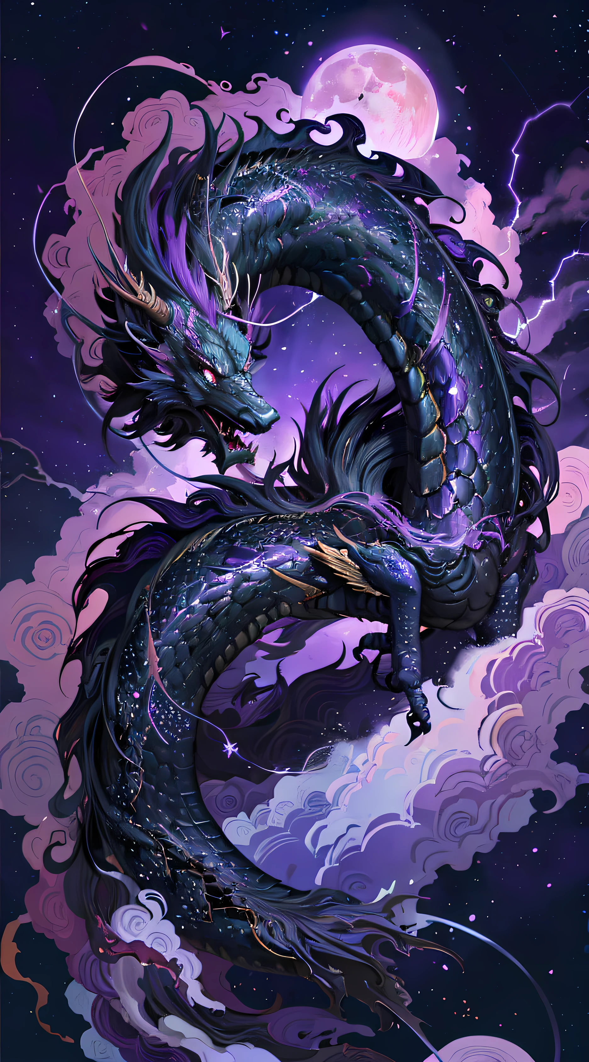 Logo, masterpiece, (on dark purple thunderbolt background: 1), black chinese dragon surrounded by thunderclouds, dark purple cherry blossom tree, black petals, wind, god, long wavy body, fangs, fantasy, mythology, high quality, highly detailed, masterpiece, epic, particle effect, dynamic effect, moon in background