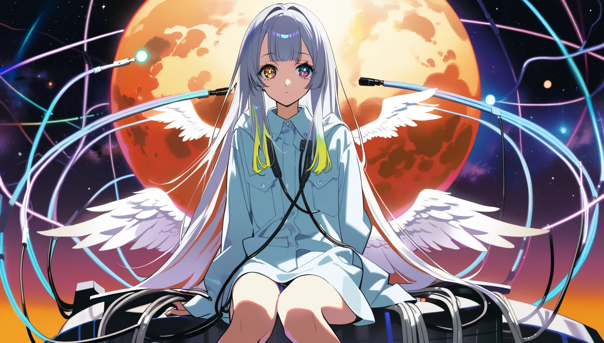 1girl, by yoneyama mai, by maimuro, pseudo-impasto, waving, Heterochromatic pupil, (sitting on a neon planet), cowboy shot,amazing quality, depressed, angel wings, solo, white long hair, wings bangs, provocative, cosmic background, cables and wires contrast aesthetic, beautiful color, (amazing quality:1.5), masterpiece