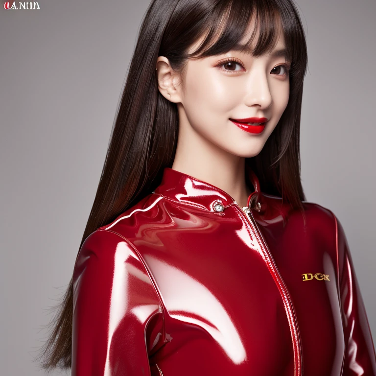 8k,超A high resolution,highest quality、masterpiece、Ultra-high resolution、(It looks real in the photo:1.4)、(1 girl)、Long sleeve、(Red patent leather racing suit)、(Straight Long Hair)、(Wet Hair)、Highly detailed human face、red gloss lipstick、Full body pose、A refreshing smile