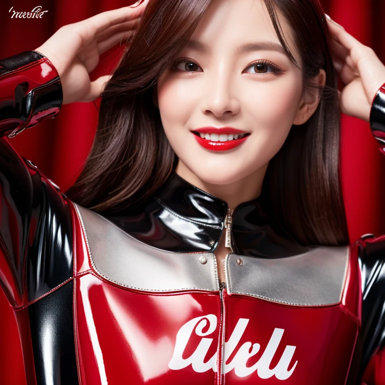 8k,超A high resolution,highest quality、masterpiece、Ultra-high resolution、(It looks real in the photo:1.4)、(1 girl)、Long sleeve、(Red patent leather racing suit)、(Straight Long Hair)、(Wet Hair)、Highly detailed human face、red gloss lipstick、Full body pose、A refreshing smile