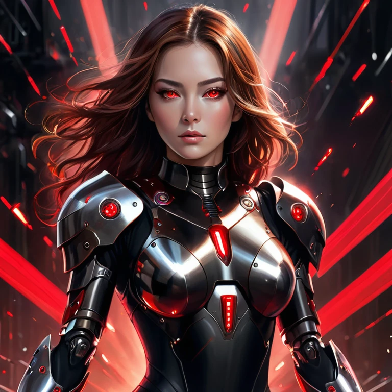 In this image, a woman with brown hair and red eyes wears a black bodysuit with red and silver armor on her arms. She appears to be a cyborg or robot, with metal plates on her chest and a metal arm. The background is dark and there are sparks in the air., illustration