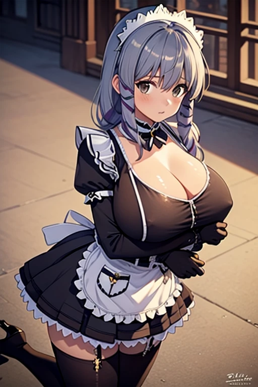 (masterpiece, best quality), 1 Girl,, Large Breasts, [Close-up cleavage]]]]Huge sagging breasts,cleveage, The chest is more exposed，Thick thighs、 ,   Maid headdress, maid outfit, Black gloves, Black over-the-knee stockings, High heel