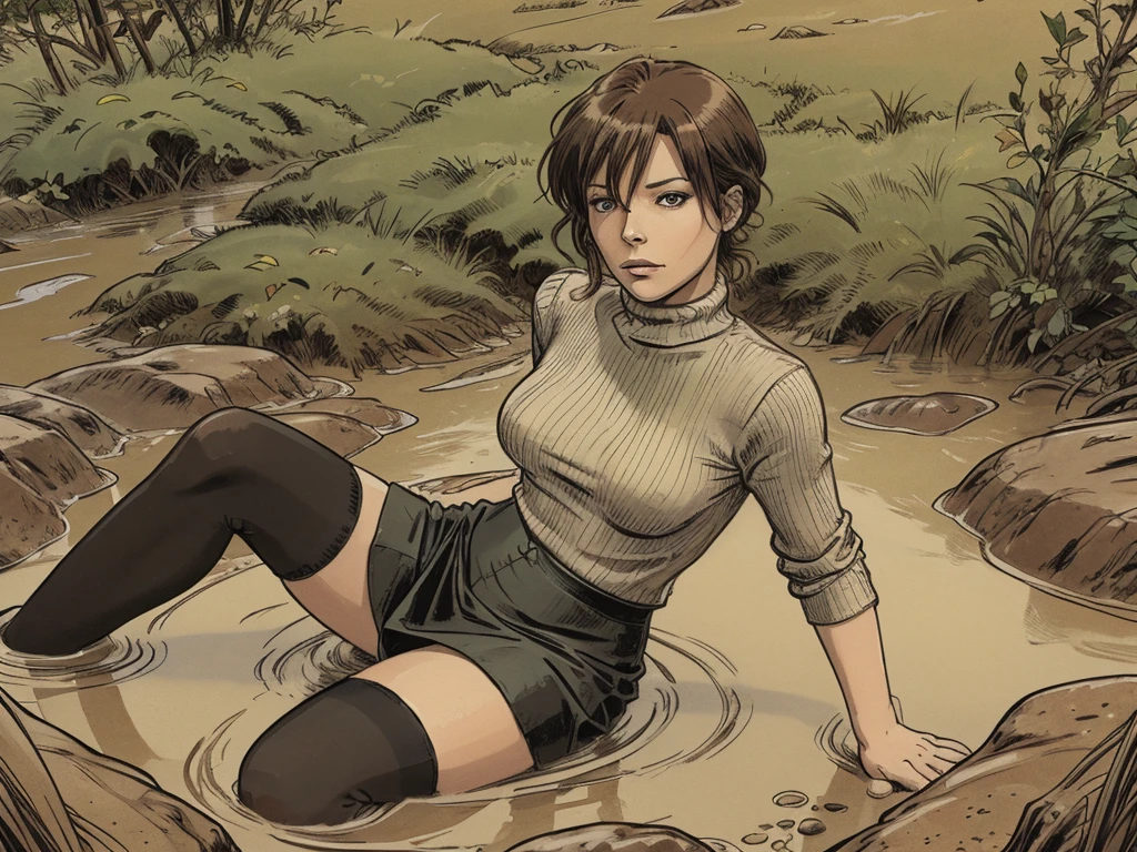 vector image, anime, mature woman, turtleneck and pencil skirt and stockings with garters drowning in the middle of quicksand bog, green