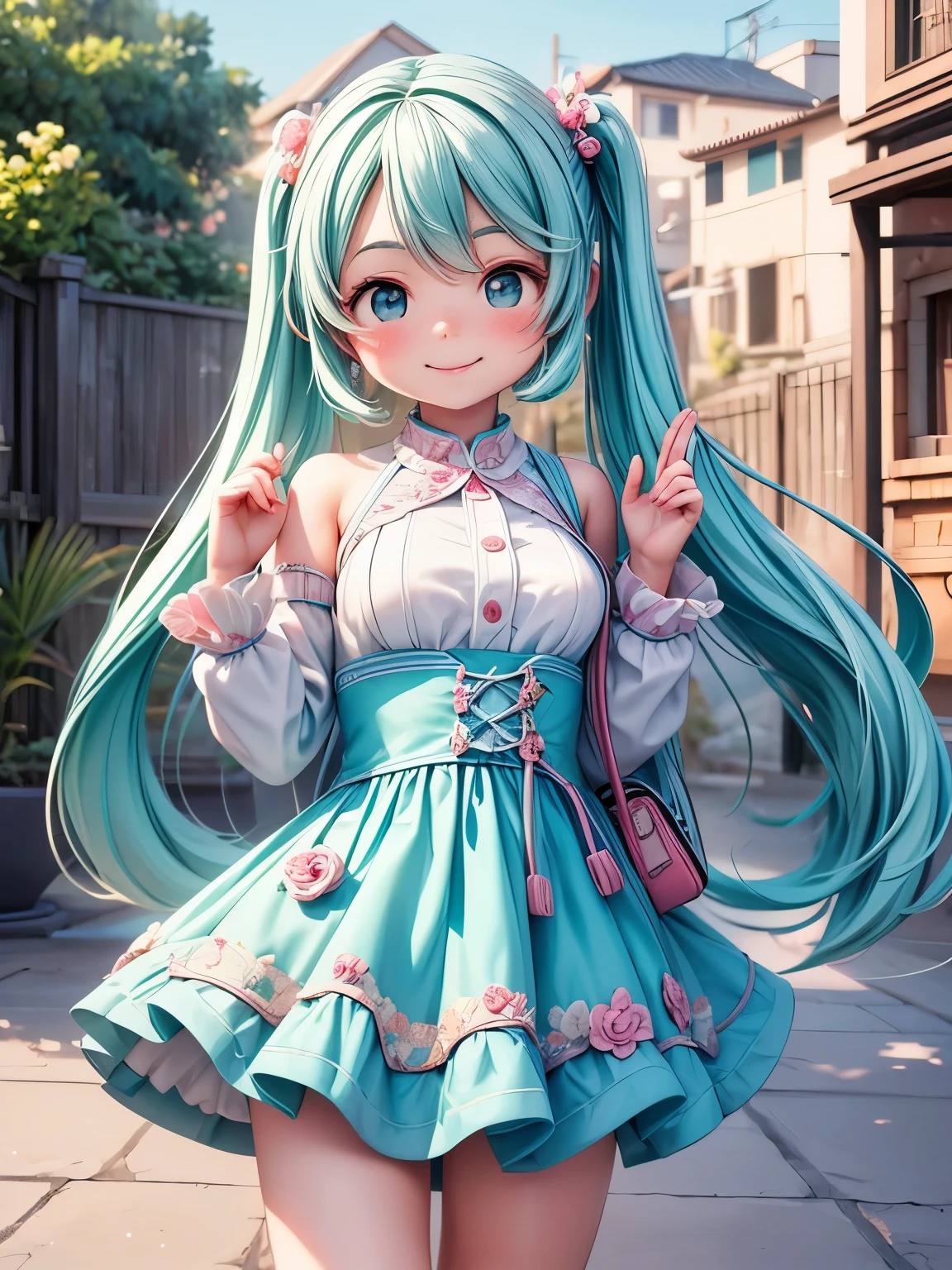 11 year old girl, ((I have a lot of balloons)) , real photos, (((full body))), (look back at me), twin tails, (Mint blue leather dress), cyber punk , ((sunlight))、butt、Cute Girls in Anime