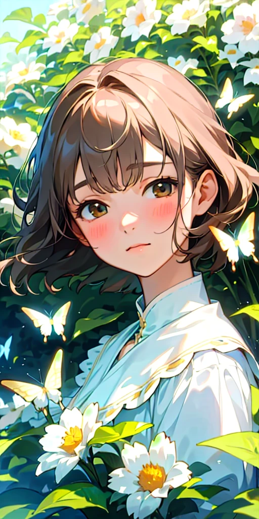 (best quality, masterpiece, ultra-realistic), 1 beautiful delicate portrait of a girl with a soft and peaceful expression, the background scenery is a garden with flowers and butterflies flying around. --v6