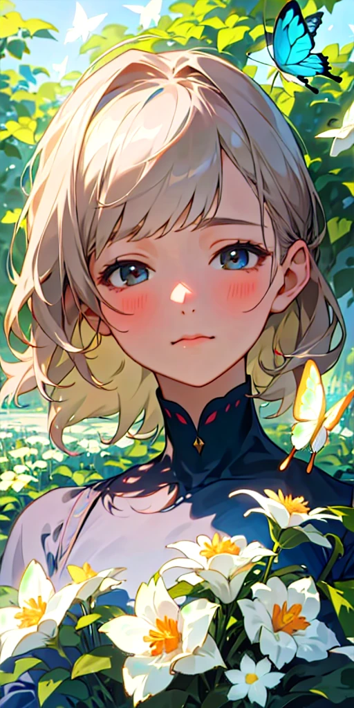 (best quality, masterpiece, ultra-realistic), 1 beautiful delicate portrait of a girl with a soft and peaceful expression, the background scenery is a garden with flowers and butterflies flying around. --v6