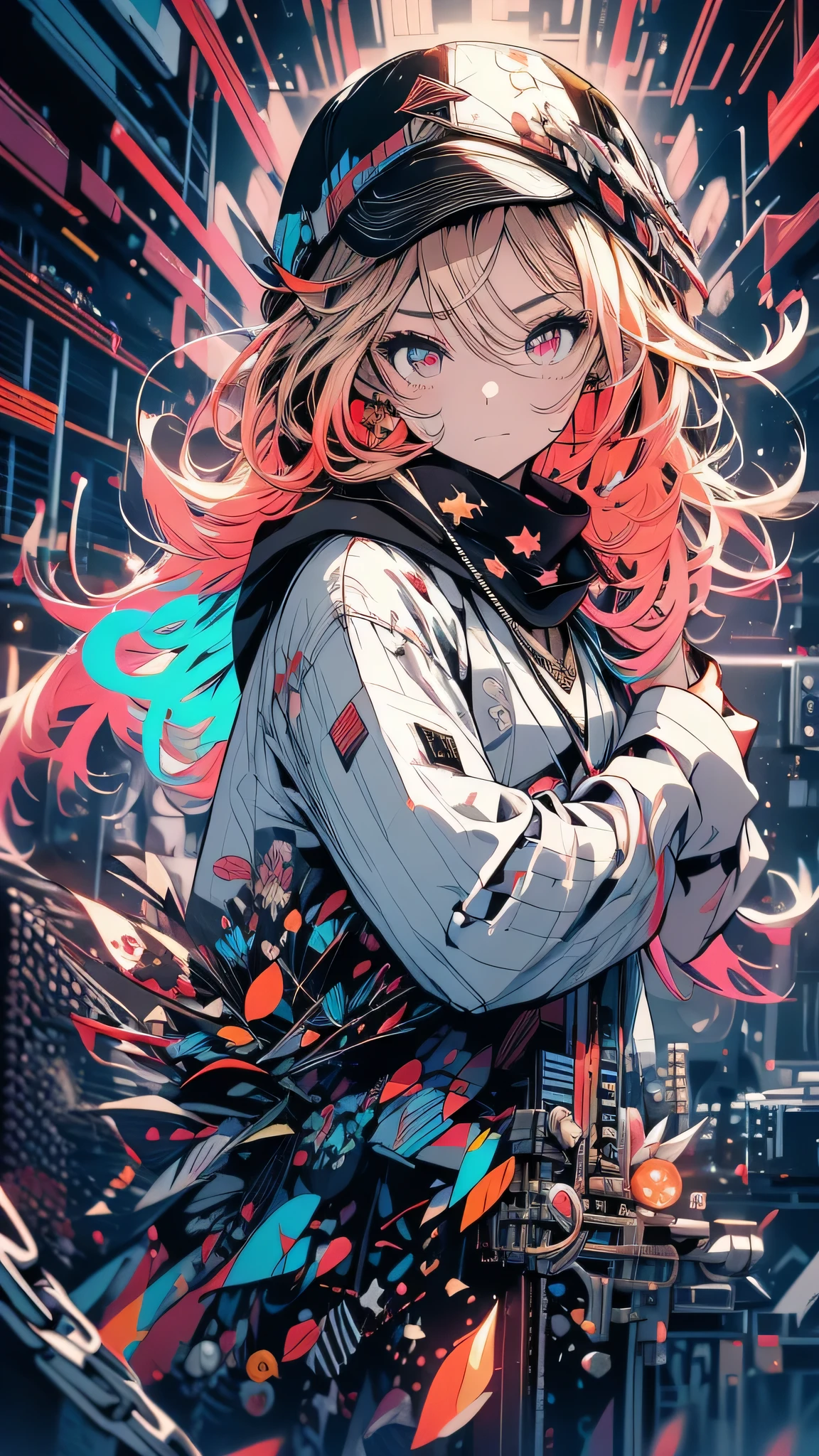 最high quality、Best image quality、masterpiece、girl((18-year-old、 By becoming、Best Bust、Medium Bust,Wide open breast tea、Red glowing eyes,Blonde、Disheveled Hair、Twin tails、thin,The highest valley、Open chest、Luminous Wristbands、hat、hair ornaments、luminous necklace、Black sleeveless hoodie(1:2)、Blue short skirt、Disheveled clothing、Show the whole body,Low - Angle、Hacker-like、sweating、lure、Black cute mask、Leaning against a wall、Black scarf、Holding a Japanese sword、Sad face、Chain Accessories、handcuffs)),high quality、Beautiful art、background((Black Room、Black Wall、Black furniture、Big black TV、Black PC、red paint))、Flight、Flying debris、Written boundary depth、movie、Visual Arts、Perfect art、8K,Genuine,