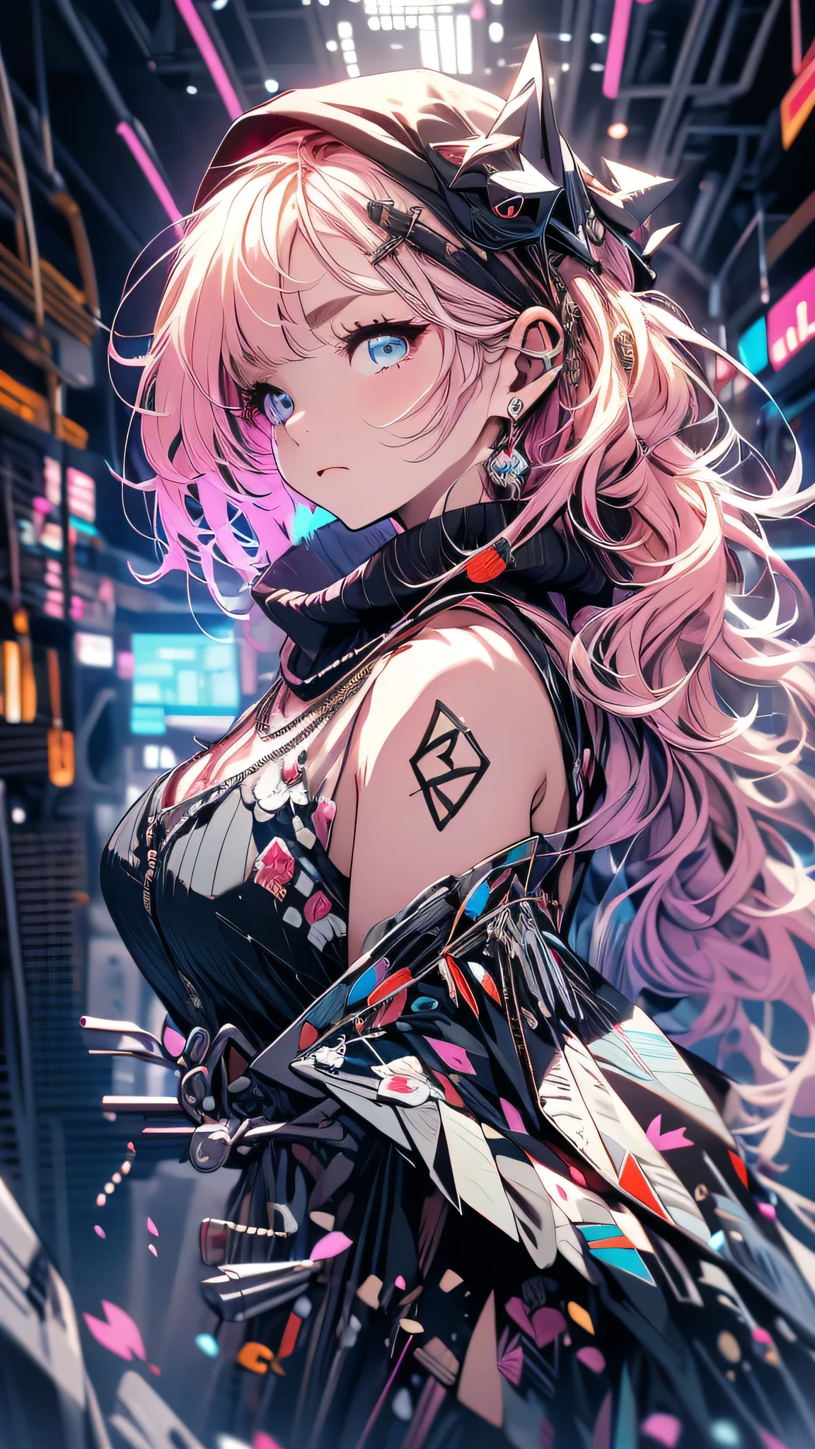 最high quality、Best image quality、masterpiece、girl((18-year-old、 By becoming、Best Bust、Medium Bust,Wide open breast tea、Red glowing eyes,Blonde、Disheveled Hair、Twin tails、thin,The highest valley、Open chest、Luminous Wristbands、hat、hair ornaments、luminous necklace、Black sleeveless hoodie(1:2)、Blue short skirt、Disheveled clothing、Show the whole body,Low - Angle、Hacker-like、sweating、lure、Black cute mask、Leaning against a wall、Black scarf、Holding a Japanese sword、Sad face、Chain Accessories、handcuffs)),high quality、Beautiful art、background((Black Room、Black Wall、Black furniture、Big black TV、Black PC、red paint))、Flight、Flying debris、Written boundary depth、movie、Visual Arts、Perfect art、8K,Genuine,
