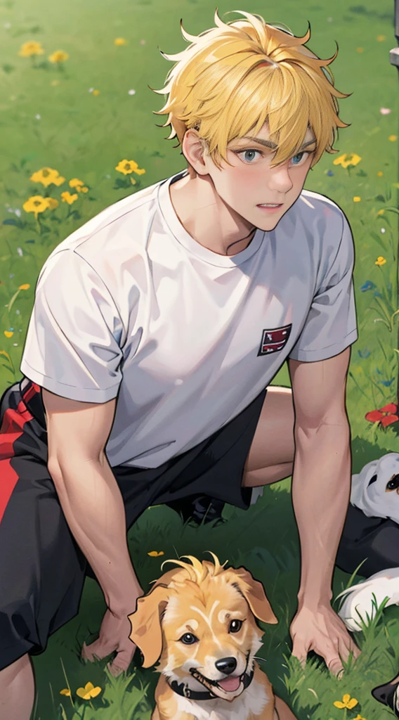 RAW,8K,high qulity,(1 man:1.2),with a round face,white short sleeve,simplebackground,grassy,florals,Pet dogs