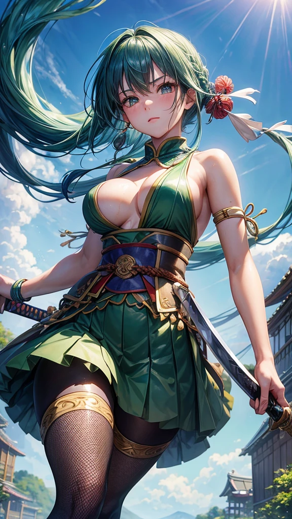 (highest quality)), ((masterpiece)), (Familiar), Perfect Face,Shiny skin,Beautiful breasts,how,Shiny skin、Kyoto Animation style painting、Emerald blue hair、Sunburned skin、Braided Hair、night、bike、Holding a Japanese sword、ruins、Combat Stance、Kunoichi、Fishnet tights