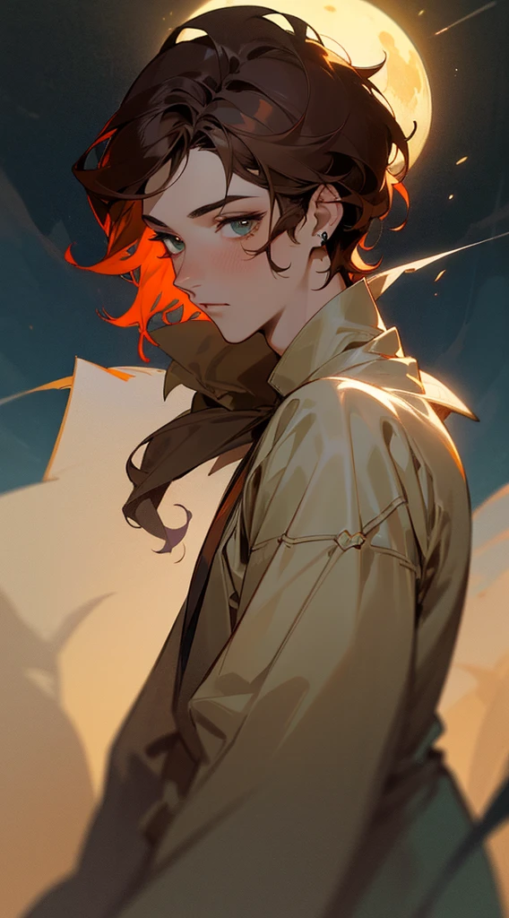 ((tmasterpiece)),(((beste-Qualit))), Close-up of young boy with brown hair, Subsurface scattering skin, Attractive humanoid, in rustic clothes, shirt, high detail, Skinny fantasy man, Fan art, Art, looks at the viewer, handsome male, ruddy, Green eyes, Skinny face, sunken cheeks, Beautiful deep gaze, seductive gaze, Melancholic appearance, sharp chin, Smooth face, earring in the ear, Hair gradient, hair color from brown to red, thin eyebrows, short hair on the side, pixie hairstyle, Wavy Hair, Dark Forest, the night, dim moonlight, Silvery mist, a closeup of a