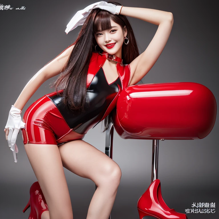 8k,超A high resolution,highest quality、masterpiece、Ultra-high resolution、(It looks real in the photo:1.4)、(1 girl)、Sleeveless high leg、(Red patent leather racing suit)、(Straight Long Hair)、(Wet Hair)、Highly detailed human face、red gloss lipstick、Full body pose、A refreshing smile