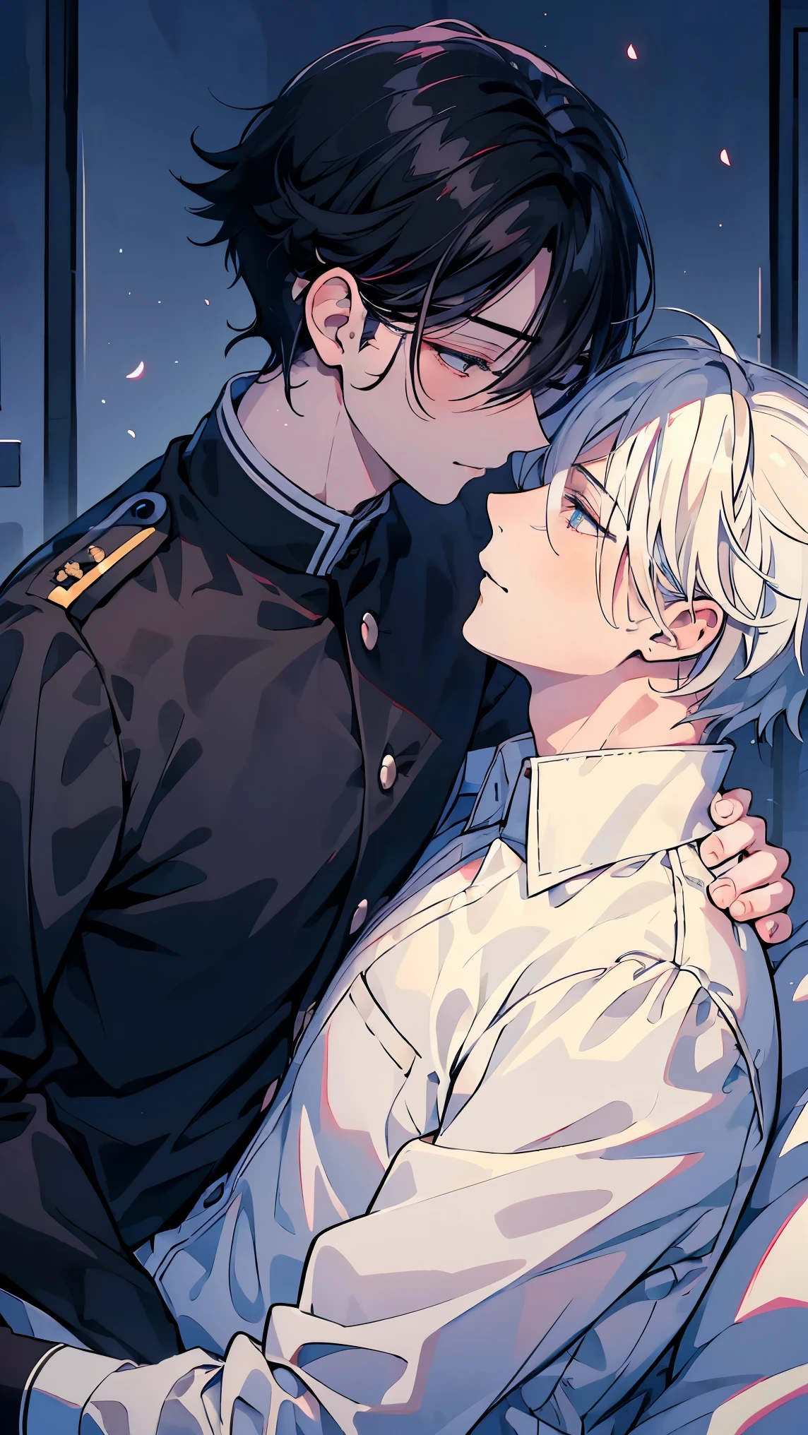 (Mastepiece), (Best Quality), Very detailed, ((Two men intimate:1.5)), Perfect Face, Beautiful Face, Very detailed顔,(Black Haired Man:1.3),(Man with white hair:1.3),uniform、shirt