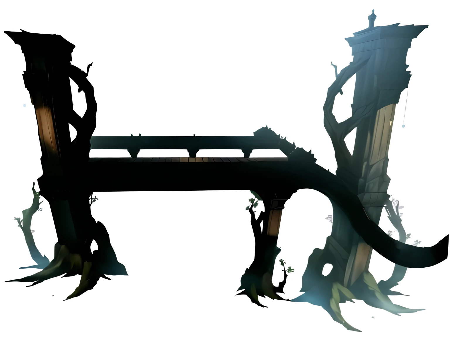 there is a wooden bridge with a big tree, Ponte da Vinha danificada, arte conceitual, arte conceitual, arte conceitualwork, arte conceitual, arte conceitual, official rendering, arte conceitual for a video game, game render, fundo da floresta escura, arte conceitual!, handrail of the vine bridge over the lake, arte conceitual of a dark forest, arte conceitual render, Huge level structure, muitos espinhos e imagem ultra detalhada, ponte entre duas arvores, ponte de madeira podre.